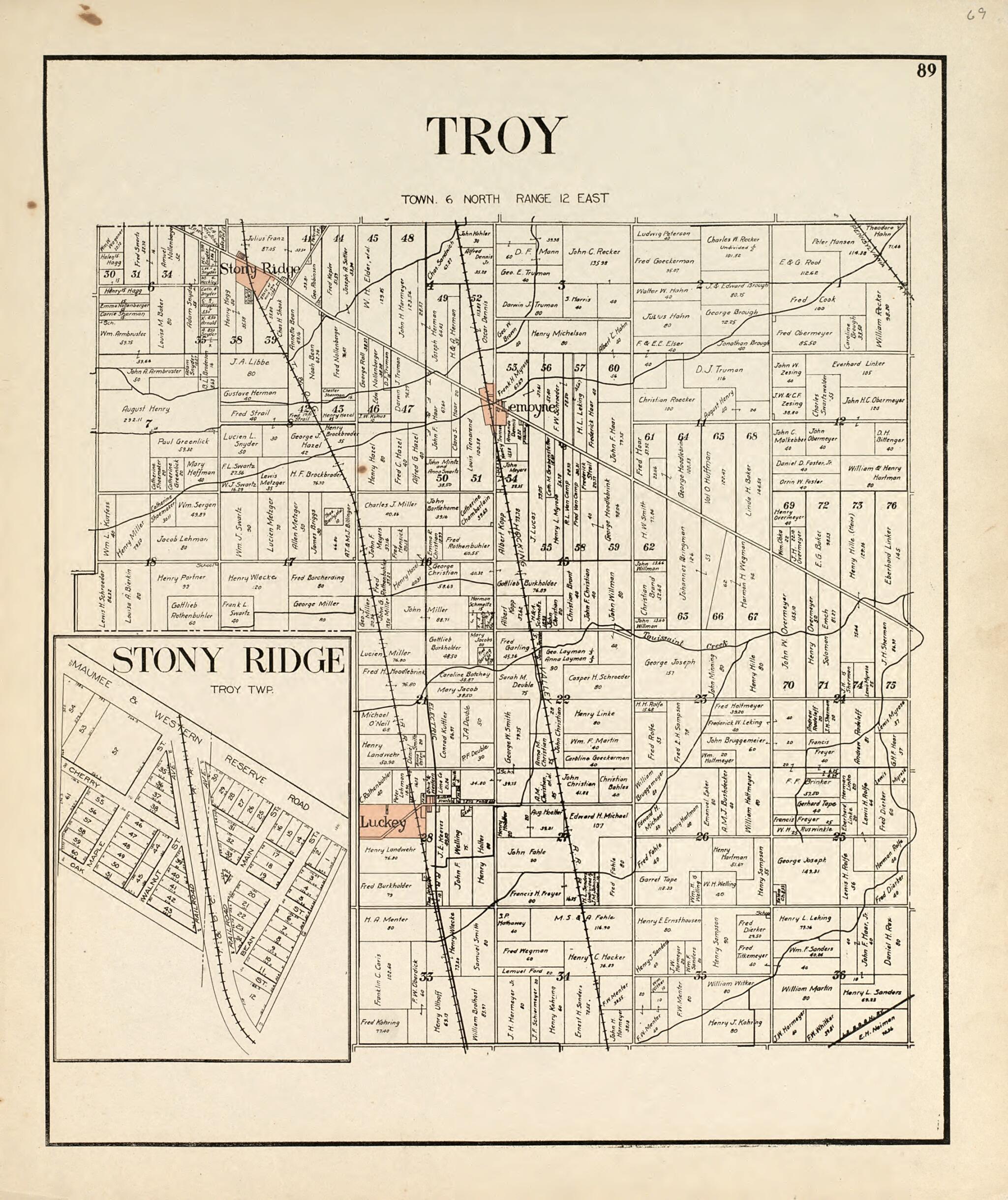 This old map of Troy; Stony Ridge from an Atlas of Wood County, Ohio from 1912 was created by Maumee Valley Map Co in 1912