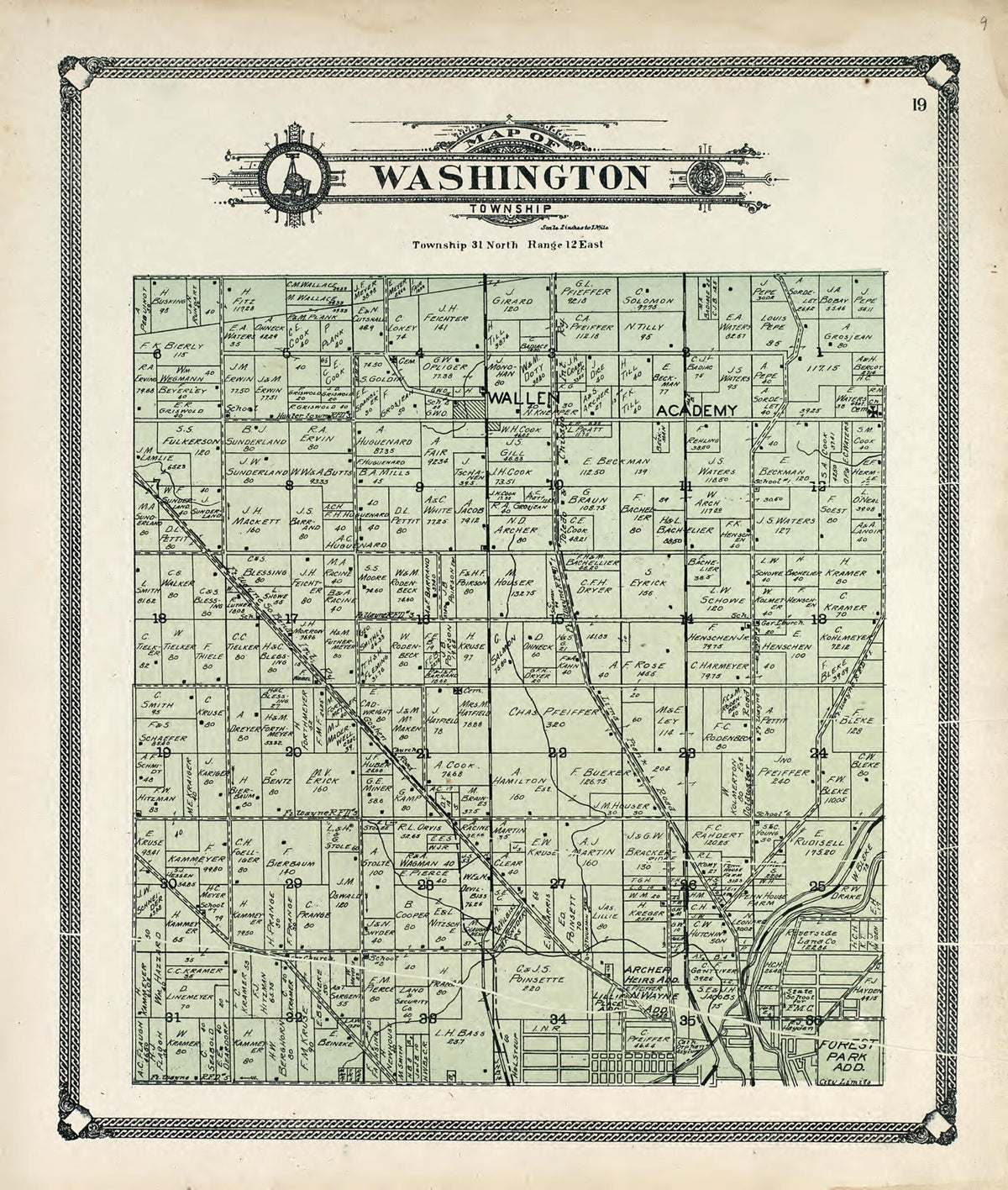 Map of Washington Township from Plat Book of Allen County, Indiana. 1907 by Relic Map Company