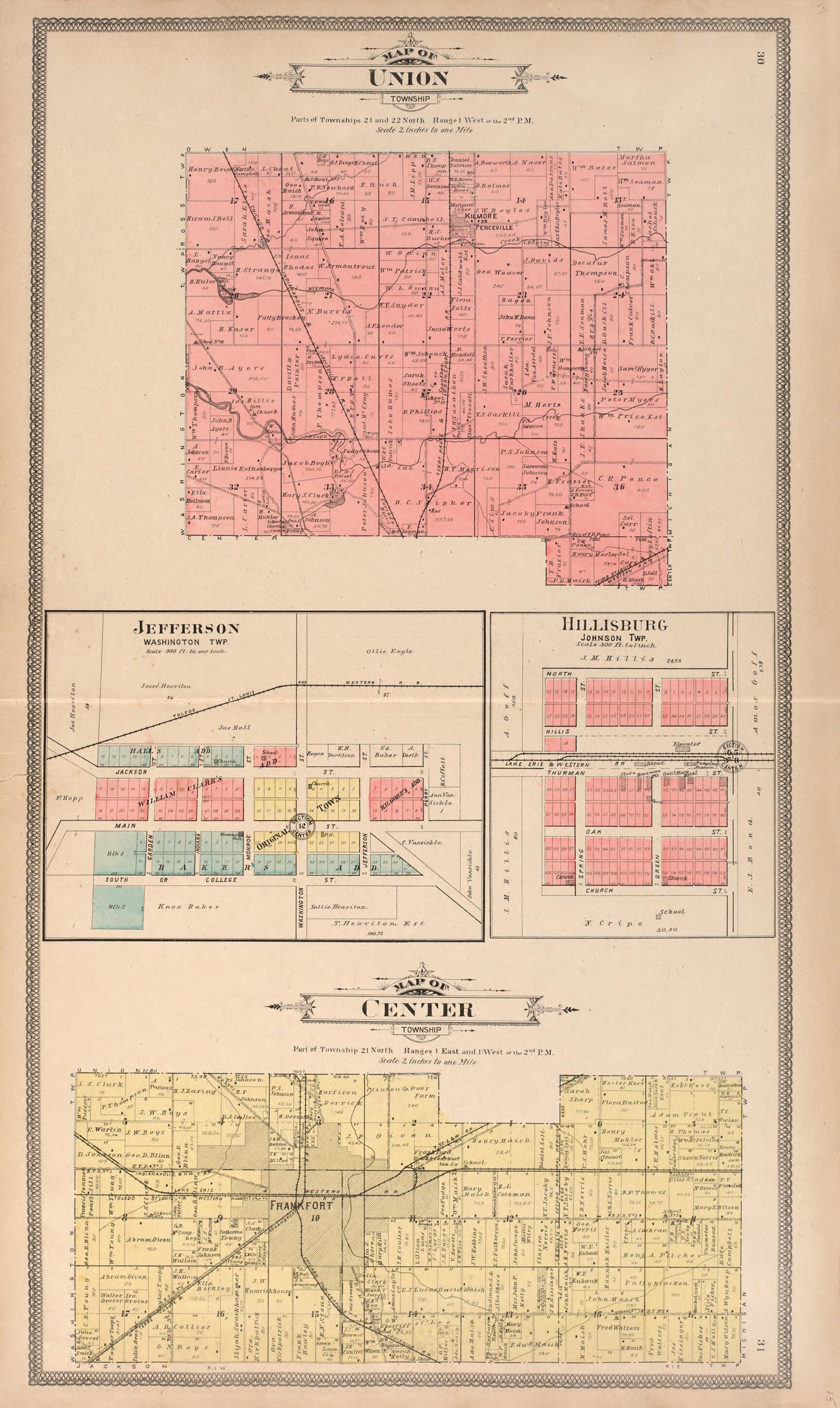 This old map of Union; Jefferson, Washington Twp.; Hillisburg, Johnson Twp.; Map of Center Twp. from Twentieth Century Atlas of Clinton County, Indiana from 1903 was created by Middle-West Publishing Co in 1903