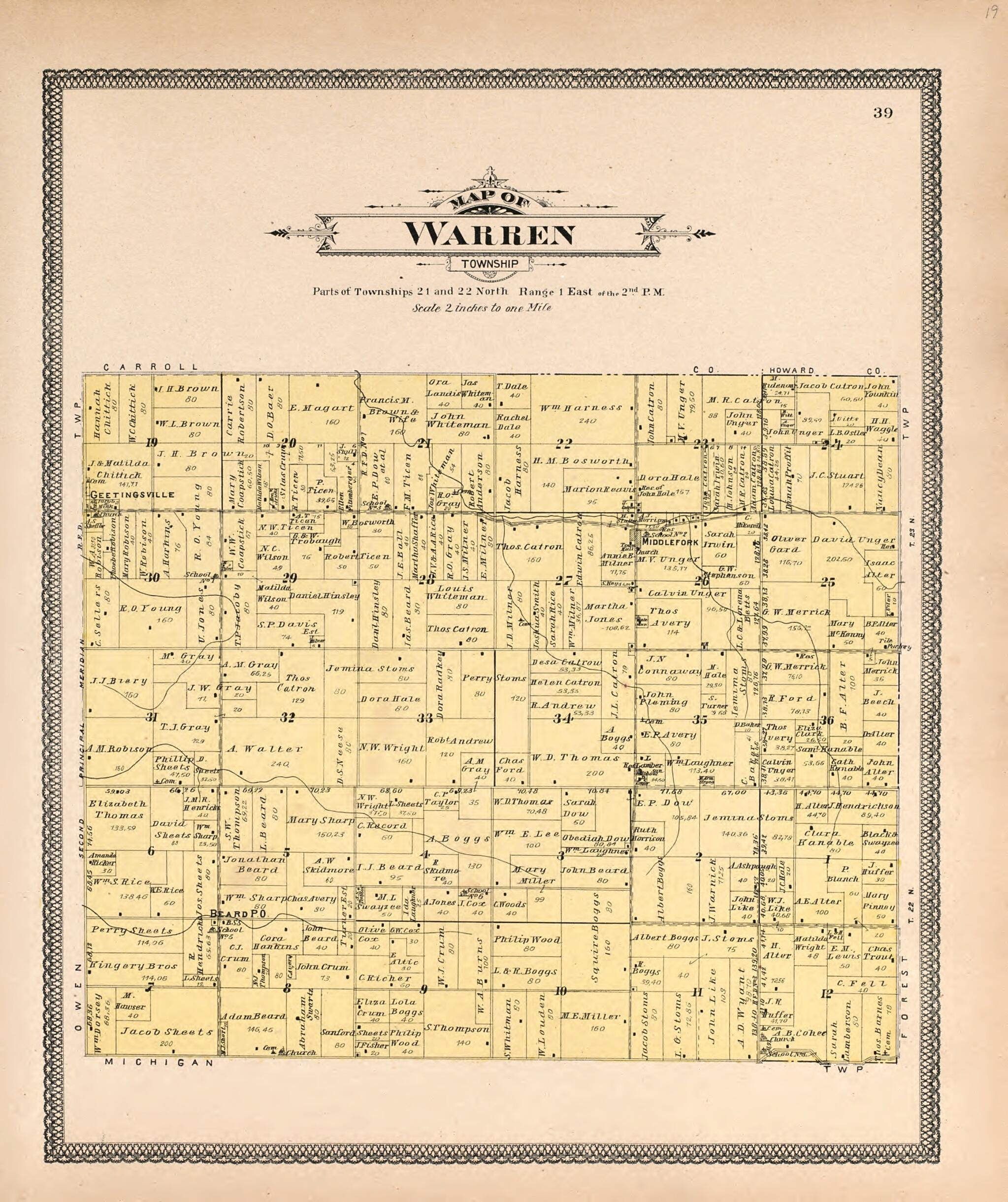 This old map of Map of Warren Twp. from Twentieth Century Atlas of Clinton County, Indiana from 1903 was created by Middle-West Publishing Co in 1903
