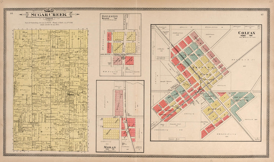 This old map of Sugar Creek Twp.; Boylseton, Michigan Twp.; Colfax, Perry Twp.; from Twentieth Century Atlas of Clinton County, Indiana from 1903 was created by Middle-West Publishing Co in 1903