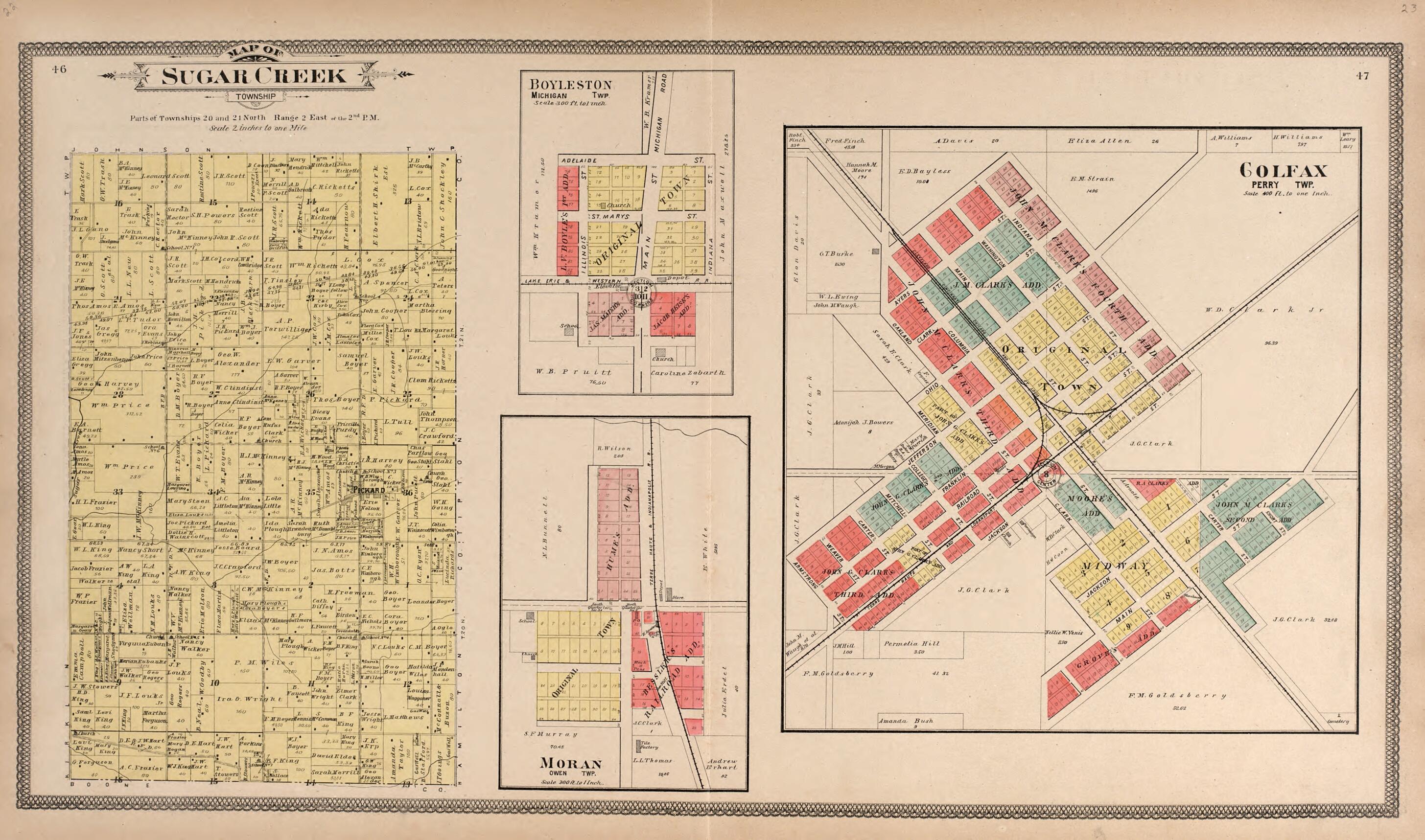 This old map of Sugar Creek Twp.; Boylseton, Michigan Twp.; Colfax, Perry Twp.; from Twentieth Century Atlas of Clinton County, Indiana from 1903 was created by Middle-West Publishing Co in 1903
