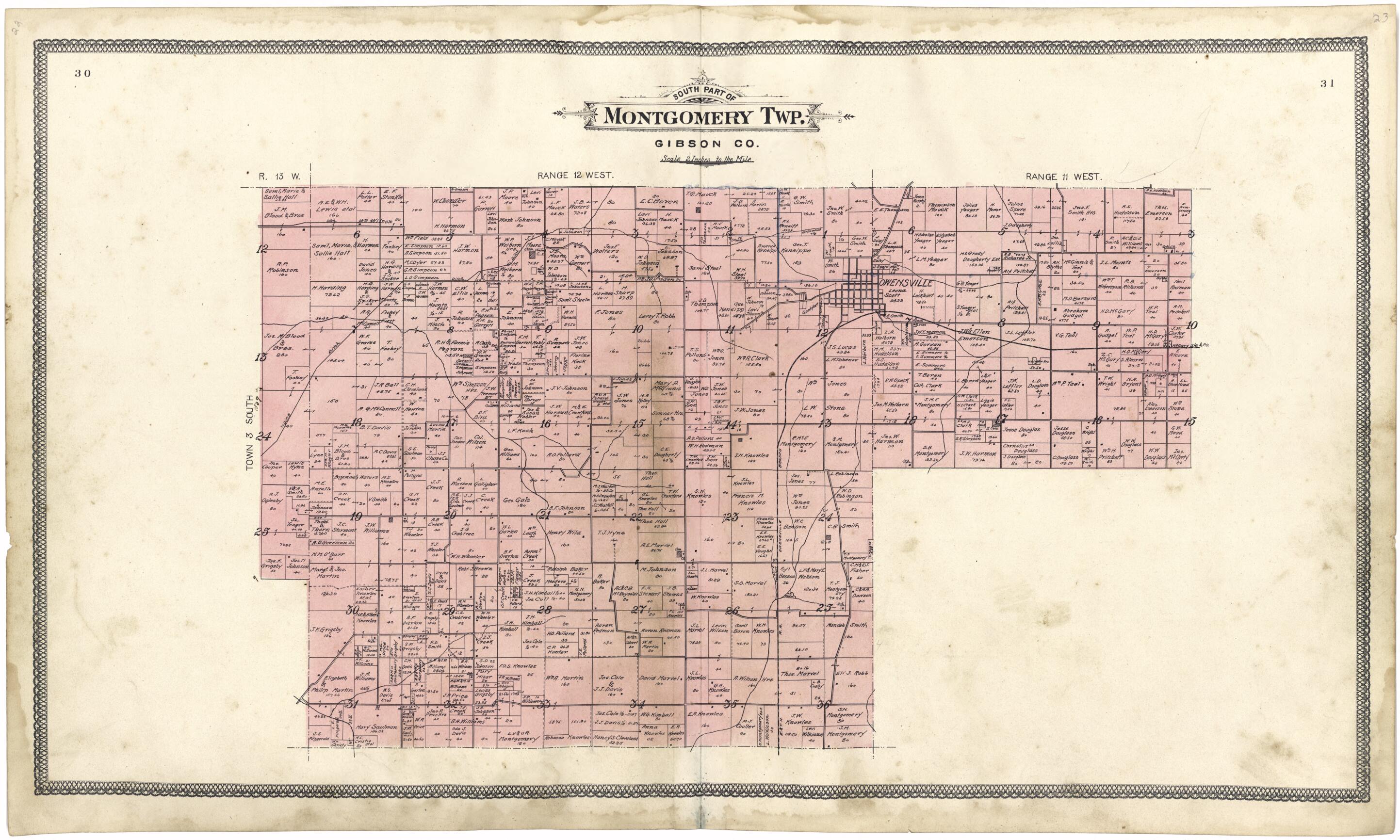 This old map of South Part of Montgomery Twp. from Atlas of Gibson County from 1899 was created by S. Wangersheim in 1899