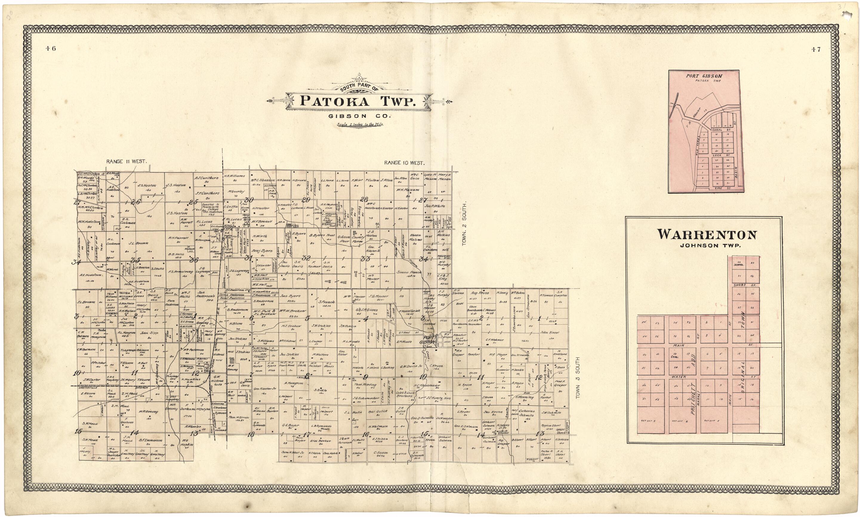 This old map of South Part of Patoka Twp. from Atlas of Gibson County from 1899 was created by S. Wangersheim in 1899