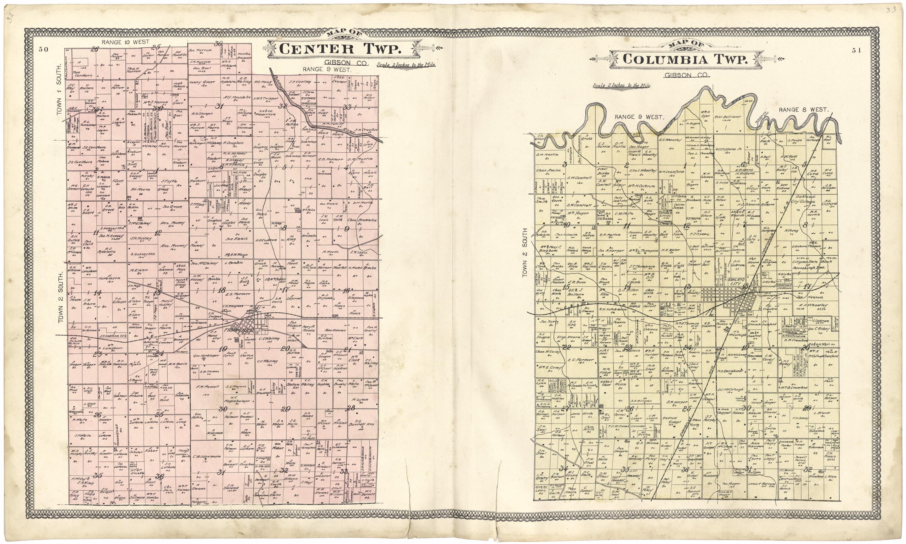 This old map of Map of Center Twp.; Map of Columbia Twp. from Atlas of Gibson County from 1899 was created by S. Wangersheim in 1899
