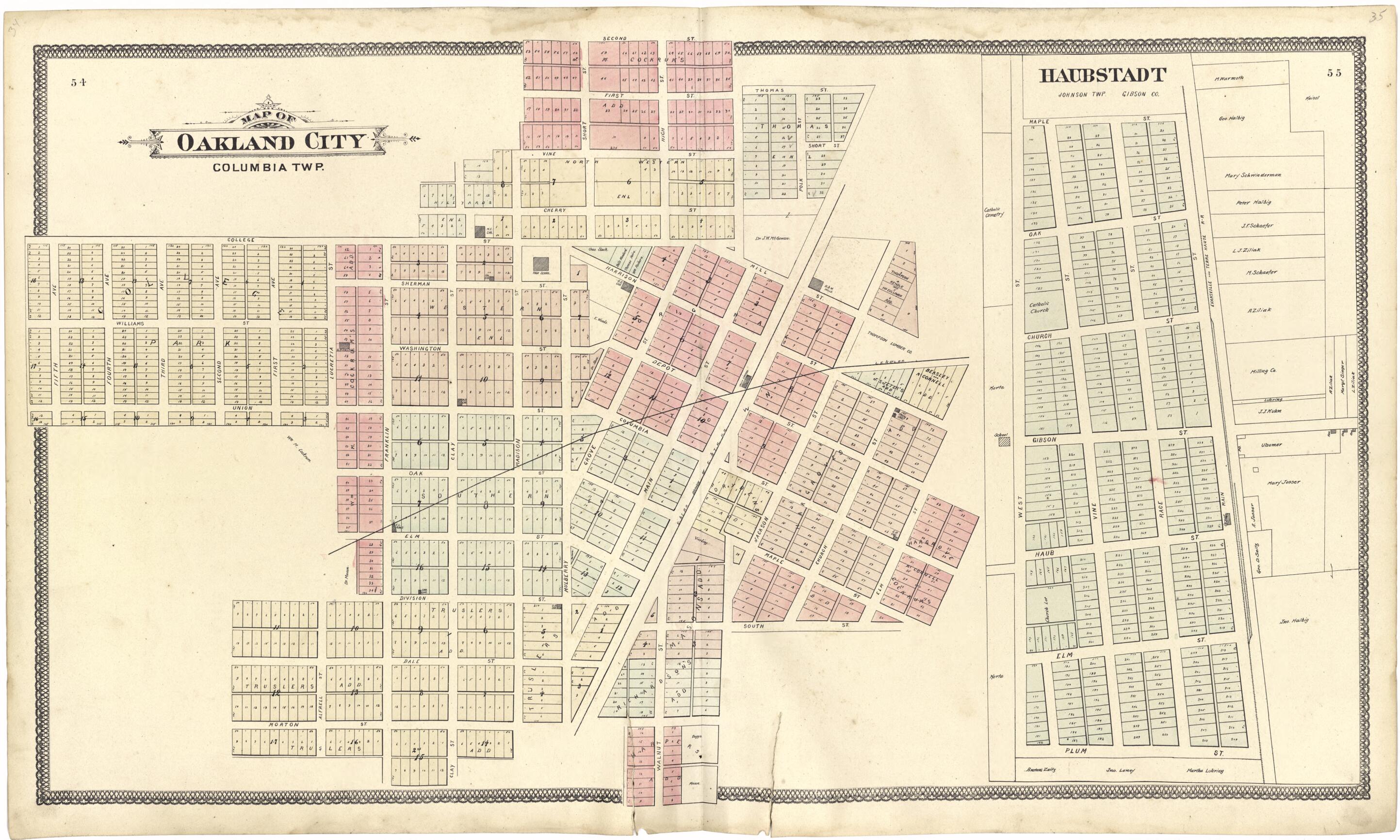 This old map of Map of Oakland City from Atlas of Gibson County from 1899 was created by S. Wangersheim in 1899