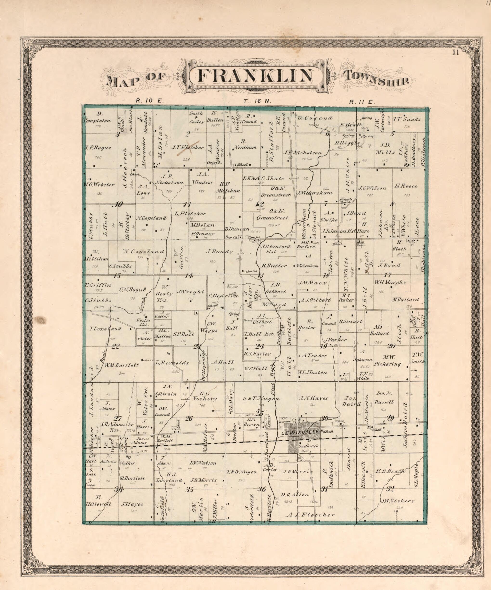This old map of Franklin Township from Illustrated Historical Atlas of Henry County, Indiana from 1875 was created by Belden & Company Higgins in 1875