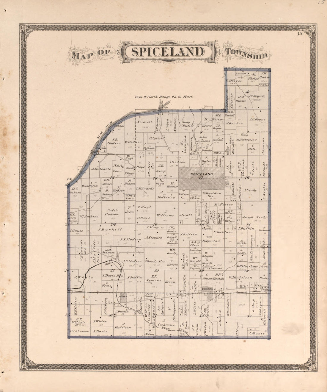This old map of Spiceland Township from Illustrated Historical Atlas of Henry County, Indiana from 1875 was created by Belden & Company Higgins in 1875