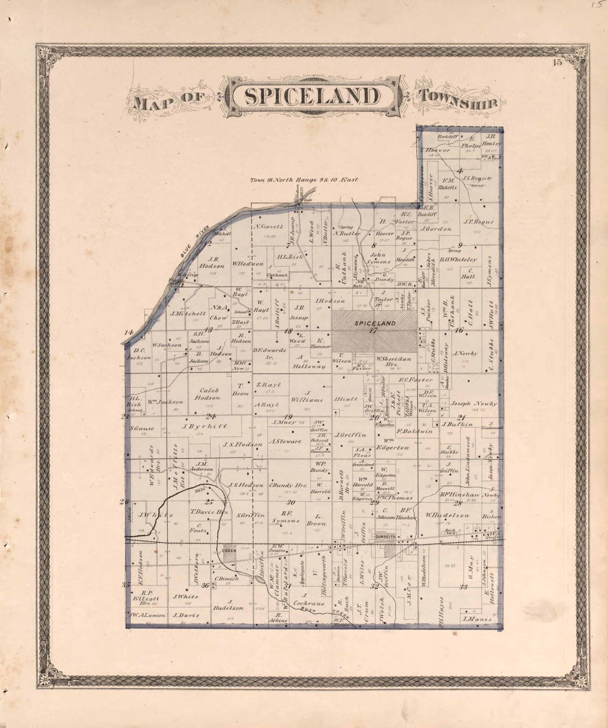 This old map of Spiceland Township from Illustrated Historical Atlas of Henry County, Indiana from 1875 was created by Belden & Company Higgins in 1875