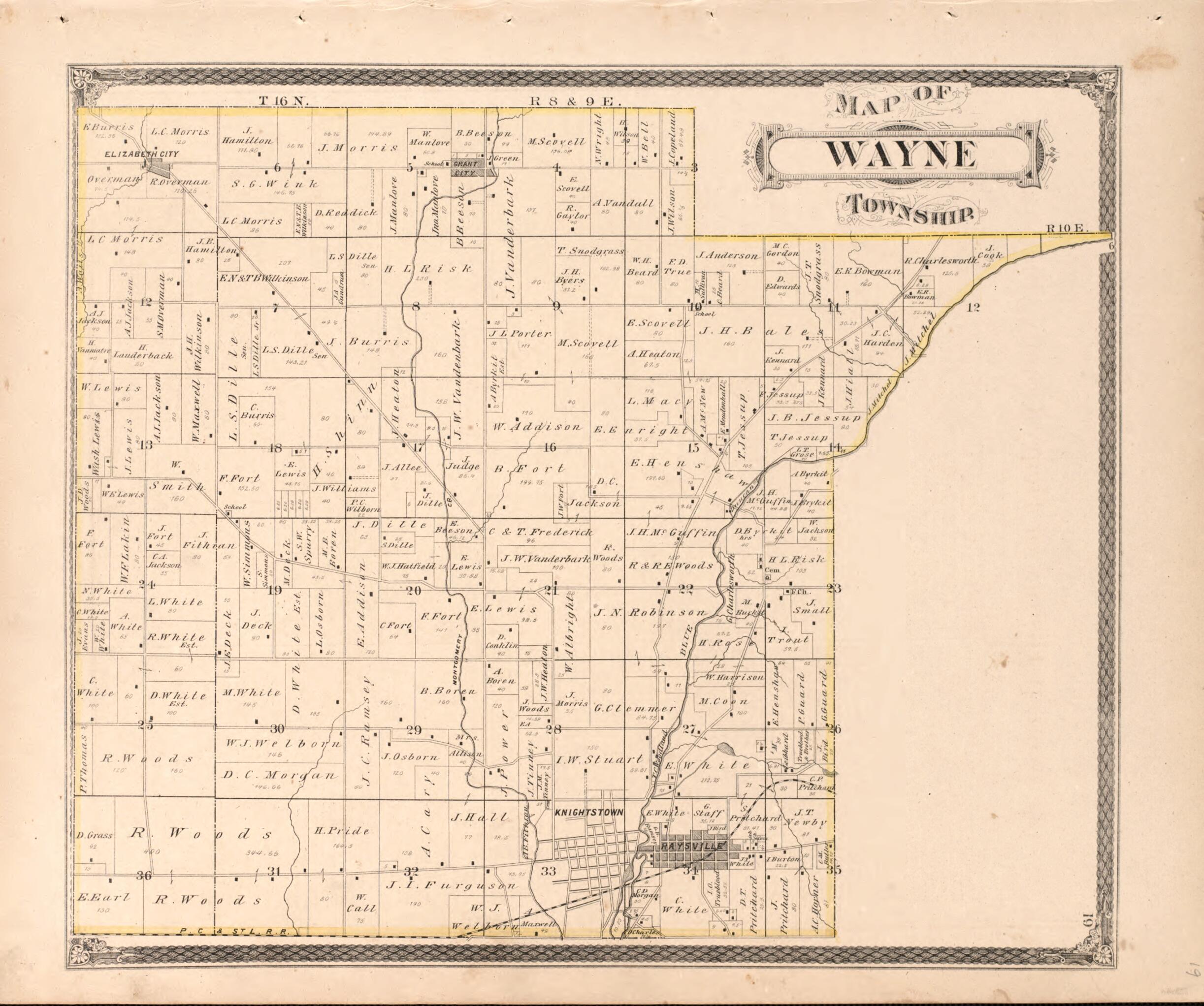 This old map of Wayne Township from Illustrated Historical Atlas of Henry County, Indiana from 1875 was created by Belden & Company Higgins in 1875