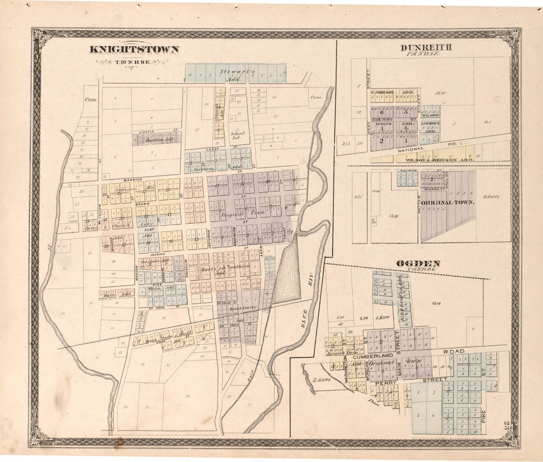 This old map of Knightstown, Dunreith, Ogden from Illustrated Historical Atlas of Henry County, Indiana from 1875 was created by Belden & Company Higgins in 1875