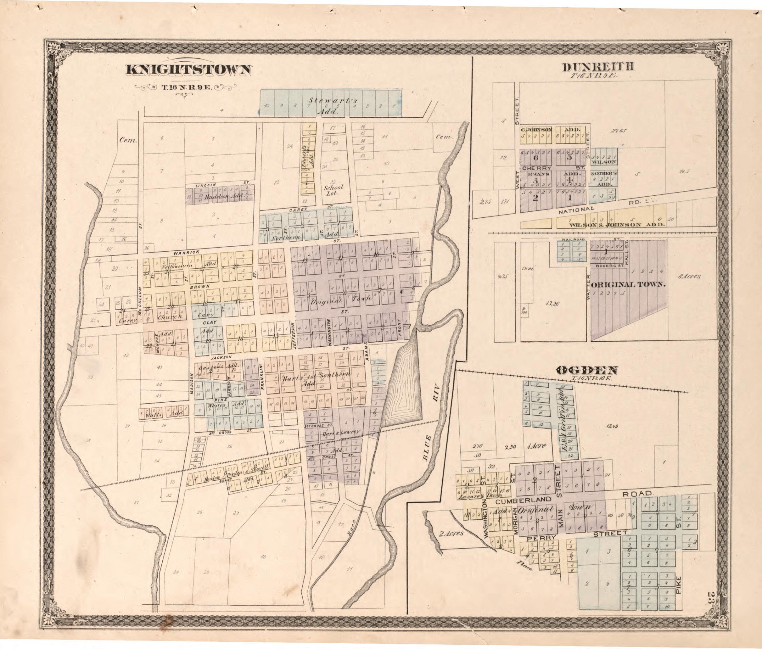 This old map of Knightstown, Dunreith, Ogden from Illustrated Historical Atlas of Henry County, Indiana from 1875 was created by Belden & Company Higgins in 1875