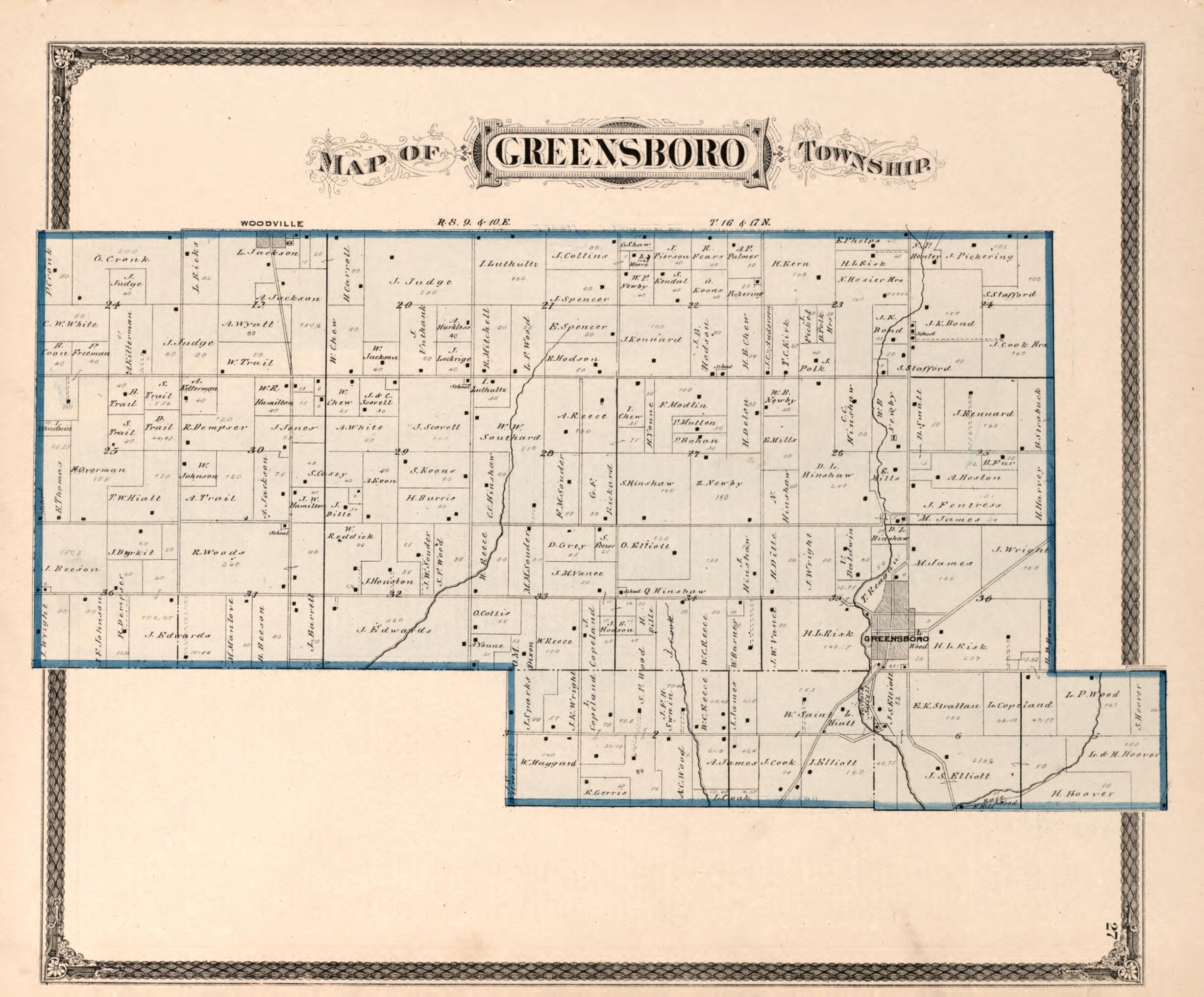 This old map of Greensboro Township from Illustrated Historical Atlas of Henry County, Indiana from 1875 was created by Belden & Company Higgins in 1875