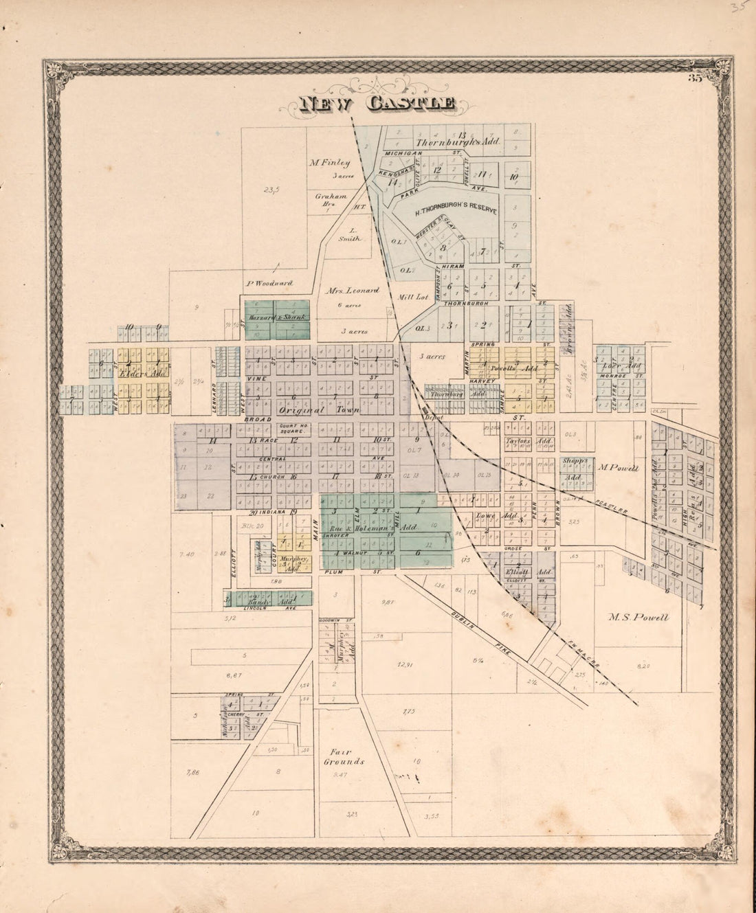 This old map of New Castle from Illustrated Historical Atlas of Henry County, Indiana from 1875 was created by Belden & Company Higgins in 1875