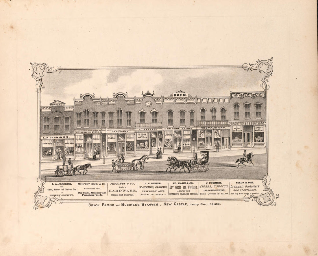 This old map of Brick Block of Business Stores, New Castle from Illustrated Historical Atlas of Henry County, Indiana from 1875 was created by Belden & Company Higgins in 1875