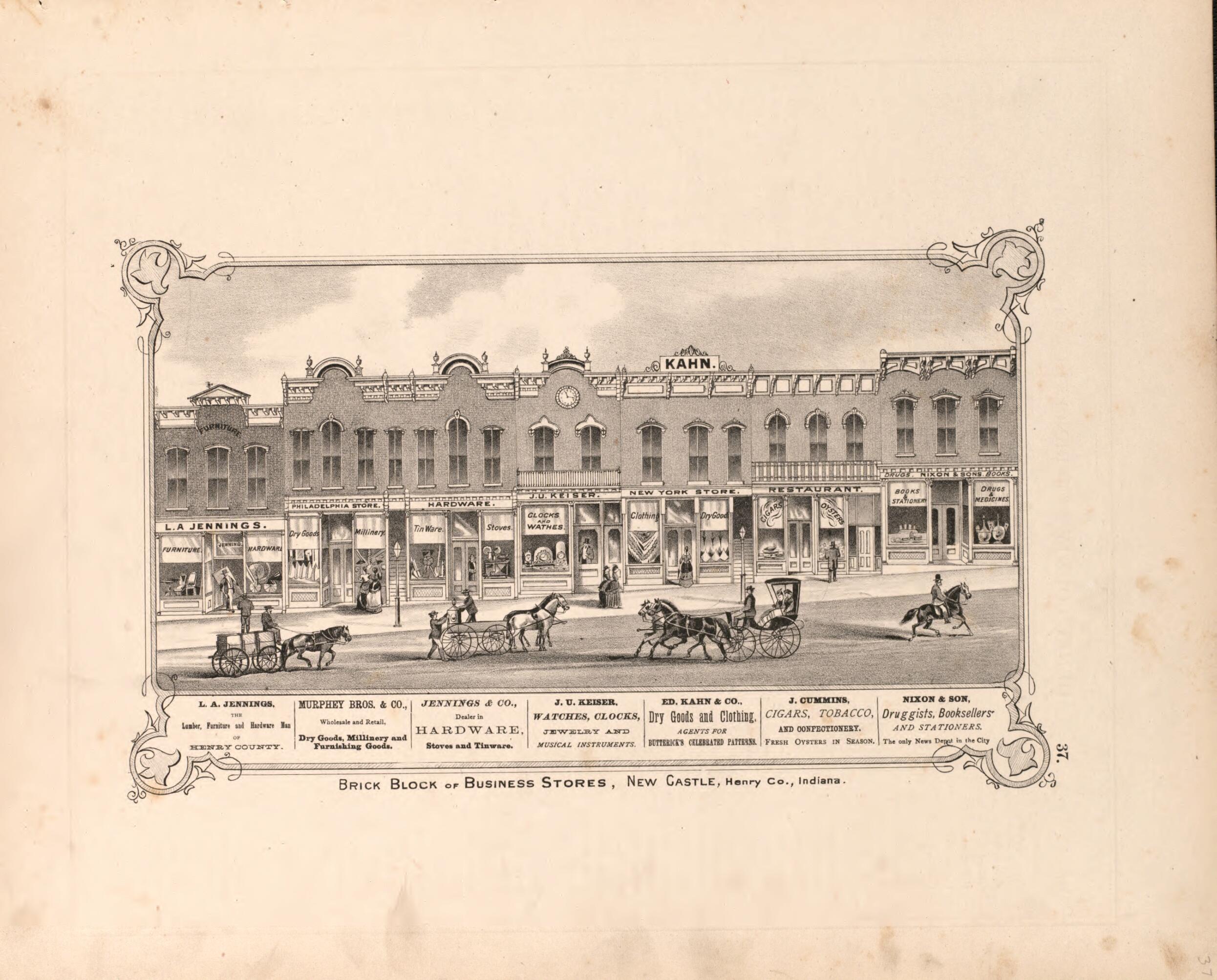 This old map of Brick Block of Business Stores, New Castle from Illustrated Historical Atlas of Henry County, Indiana from 1875 was created by Belden & Company Higgins in 1875