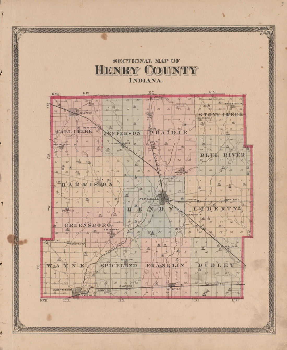 This old map of Sectional Map of Henry County, Indiana from Illustrated Historical Atlas of Henry County, Indiana from 1875 was created by Belden & Company Higgins in 1875