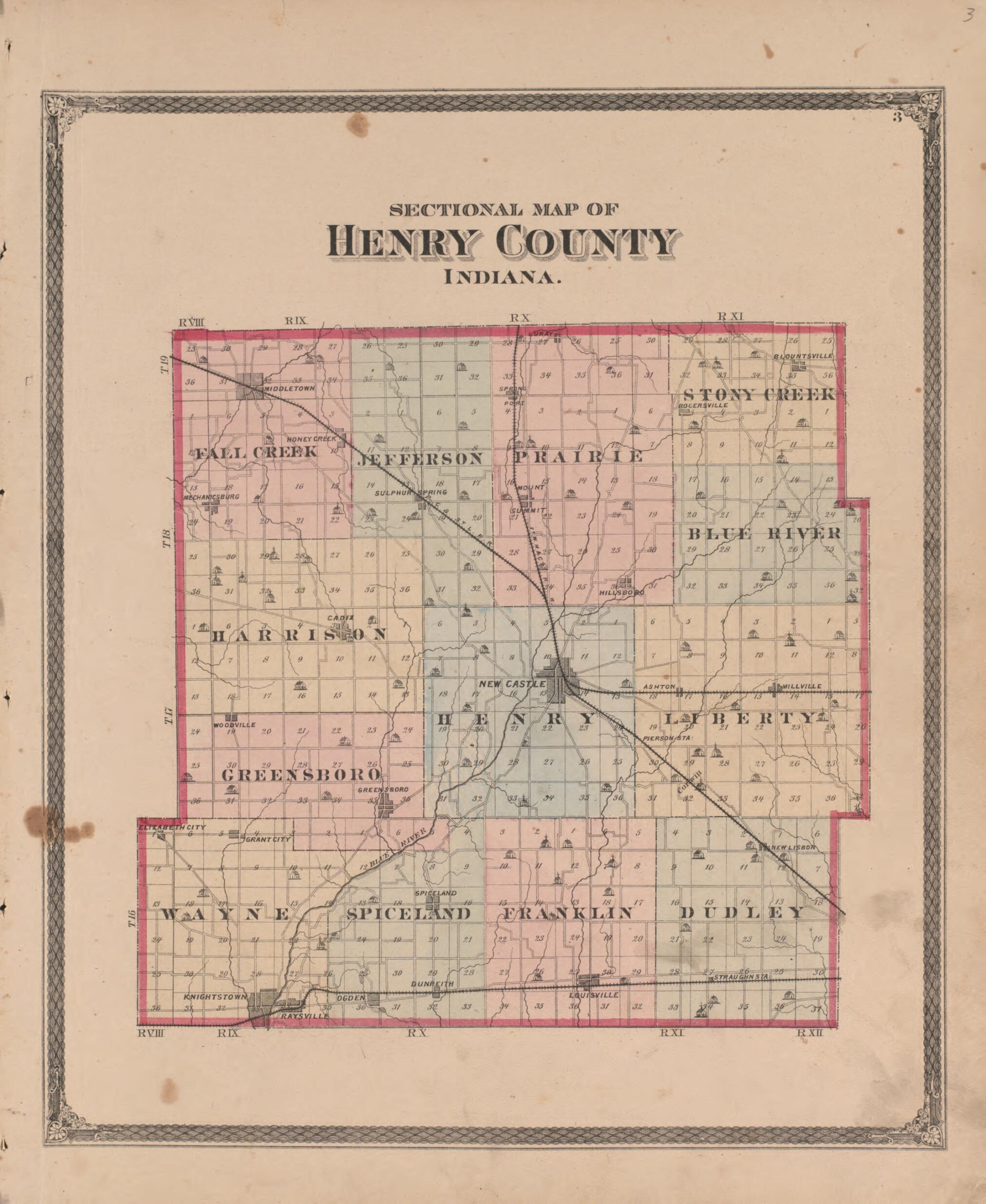 This old map of Sectional Map of Henry County, Indiana from Illustrated Historical Atlas of Henry County, Indiana from 1875 was created by Belden & Company Higgins in 1875