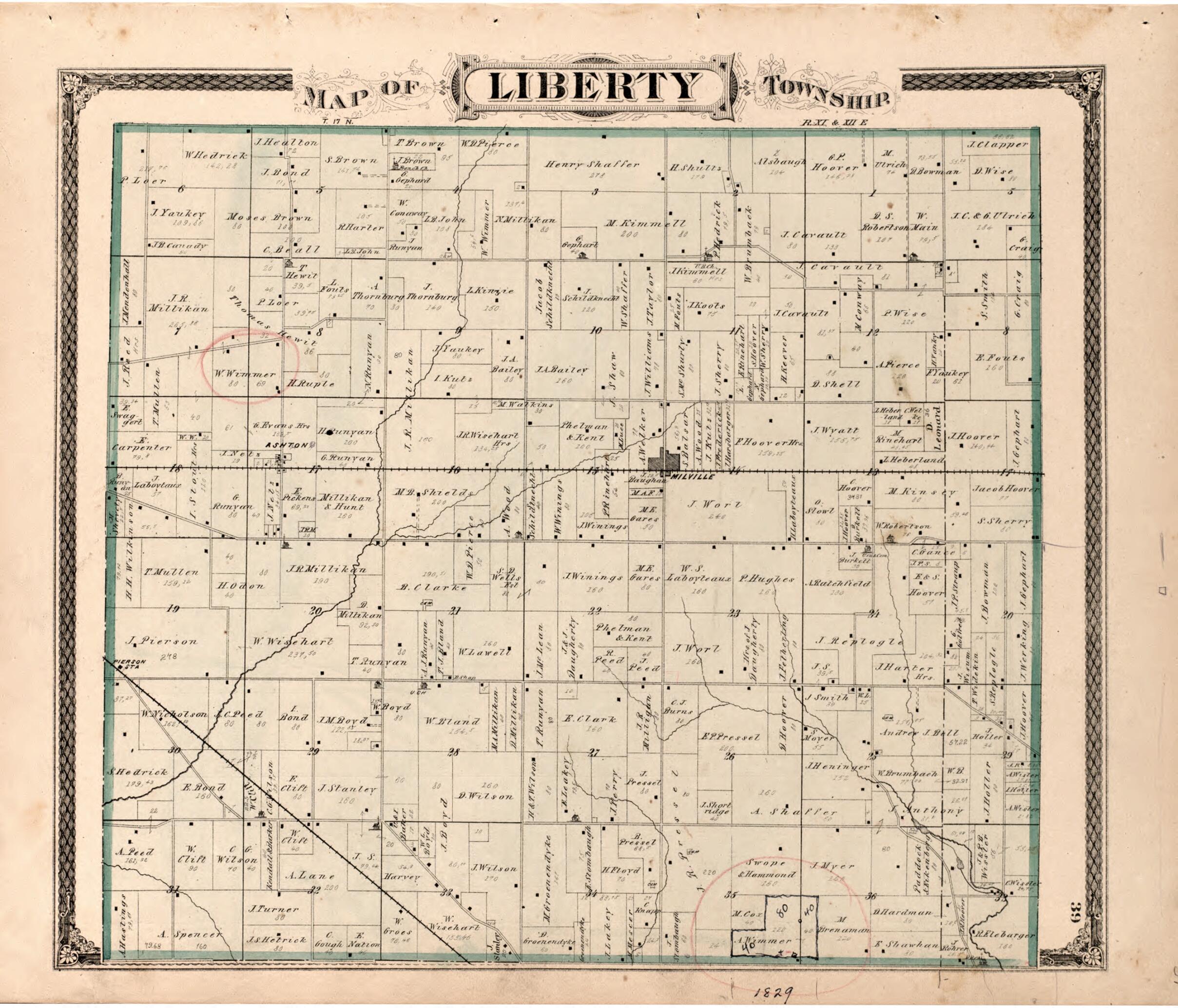 This old map of Liberty Township from Illustrated Historical Atlas of Henry County, Indiana from 1875 was created by Belden & Company Higgins in 1875