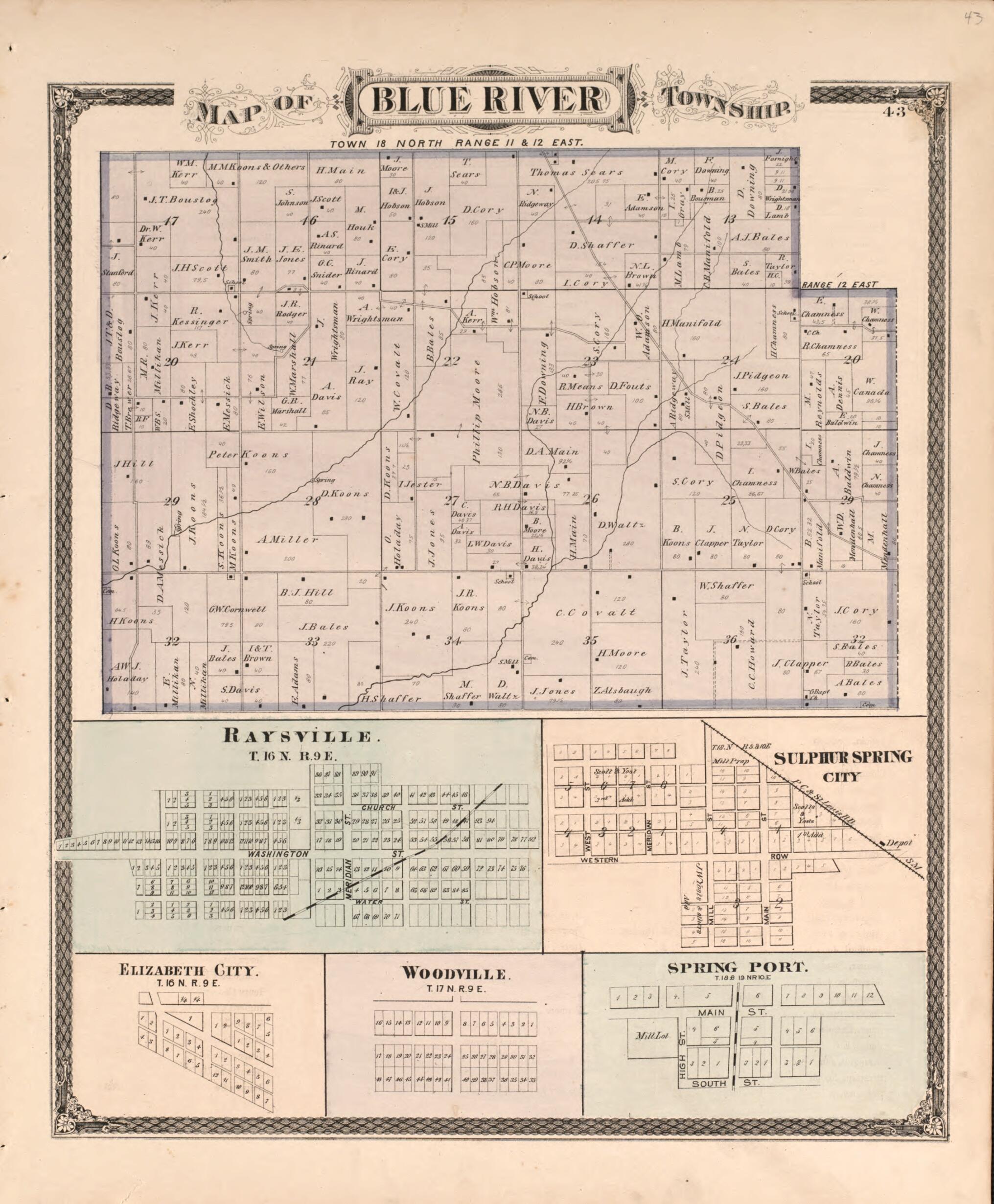 This old map of Blue River Township from Illustrated Historical Atlas of Henry County, Indiana from 1875 was created by Belden & Company Higgins in 1875