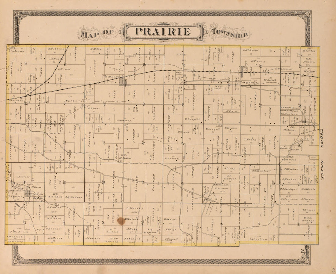 This old map of Prairie Township from Illustrated Historical Atlas of Henry County, Indiana from 1875 was created by Belden & Company Higgins in 1875
