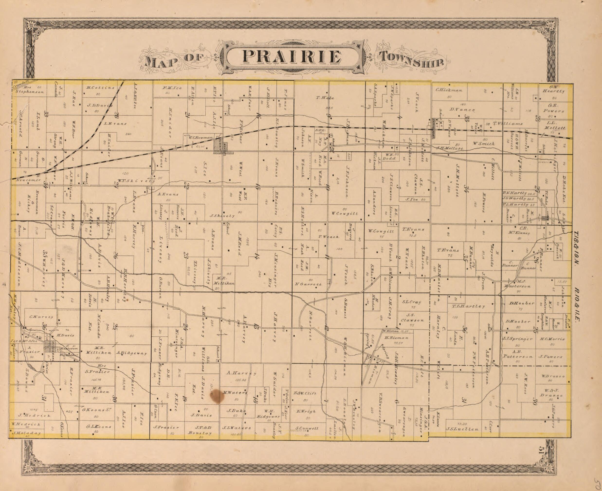 This old map of Prairie Township from Illustrated Historical Atlas of Henry County, Indiana from 1875 was created by Belden & Company Higgins in 1875