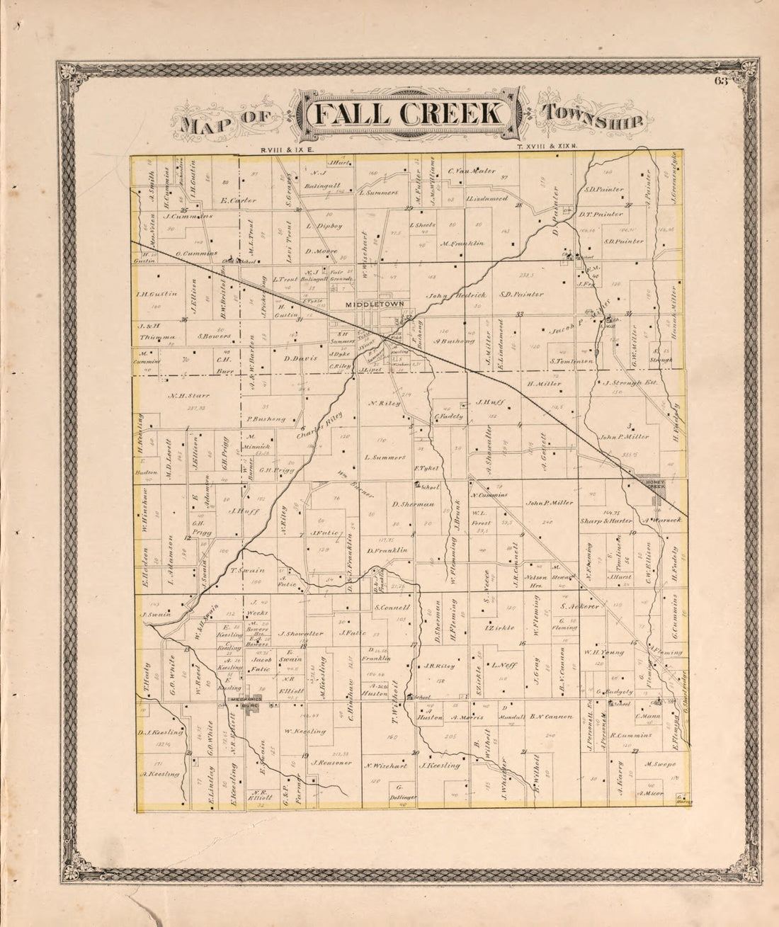 This old map of Fall Creek from Illustrated Historical Atlas of Henry County, Indiana from 1875 was created by Belden & Company Higgins in 1875