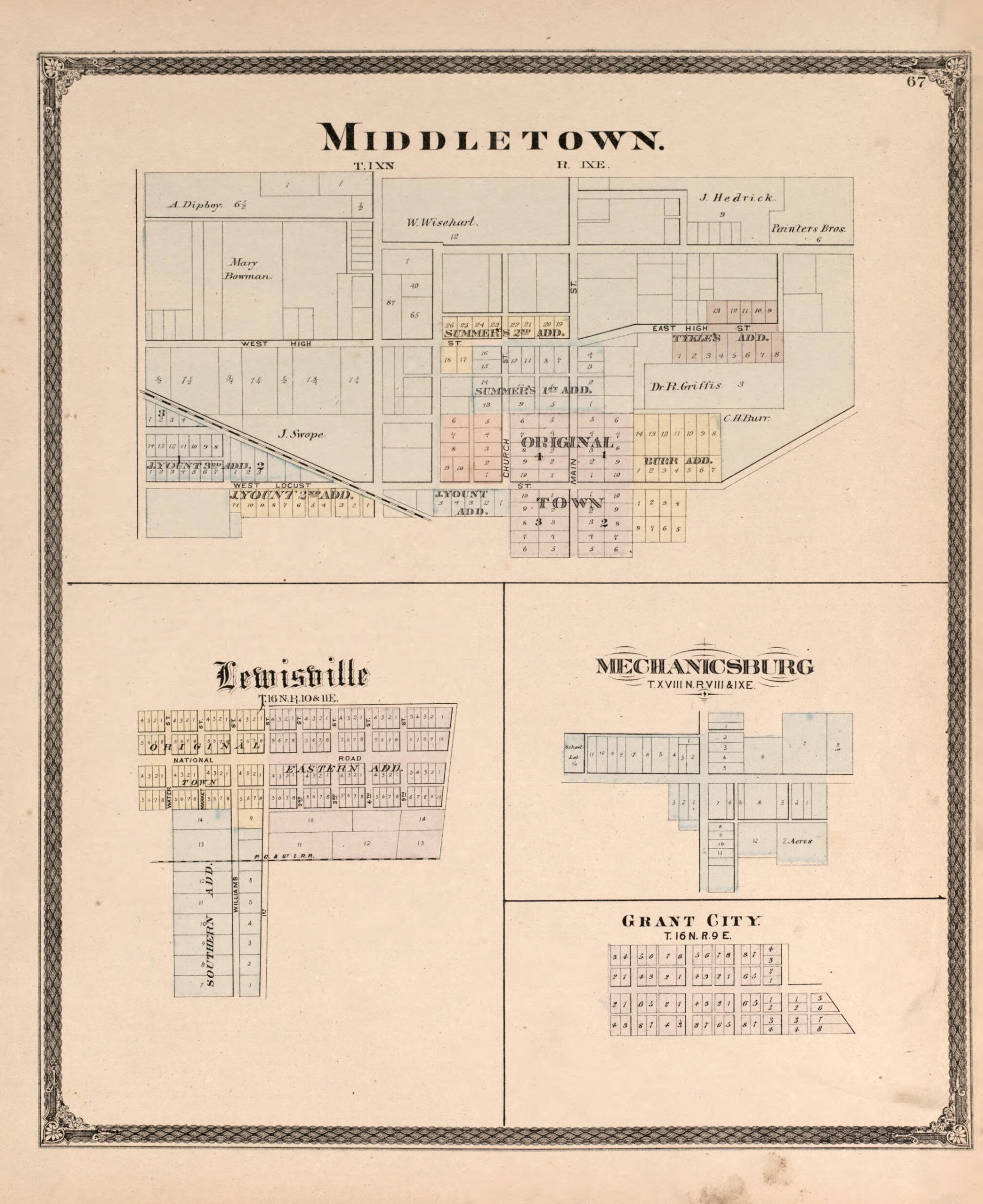 This old map of Middletown, Lewisville, Grant City, Mechanicsville from Illustrated Historical Atlas of Henry County, Indiana from 1875 was created by Belden & Company Higgins in 1875