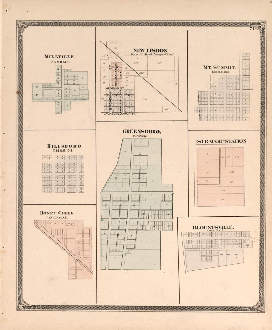 This old map of Various Townships from Illustrated Historical Atlas of Henry County, Indiana from 1875 was created by Belden & Company Higgins in 1875