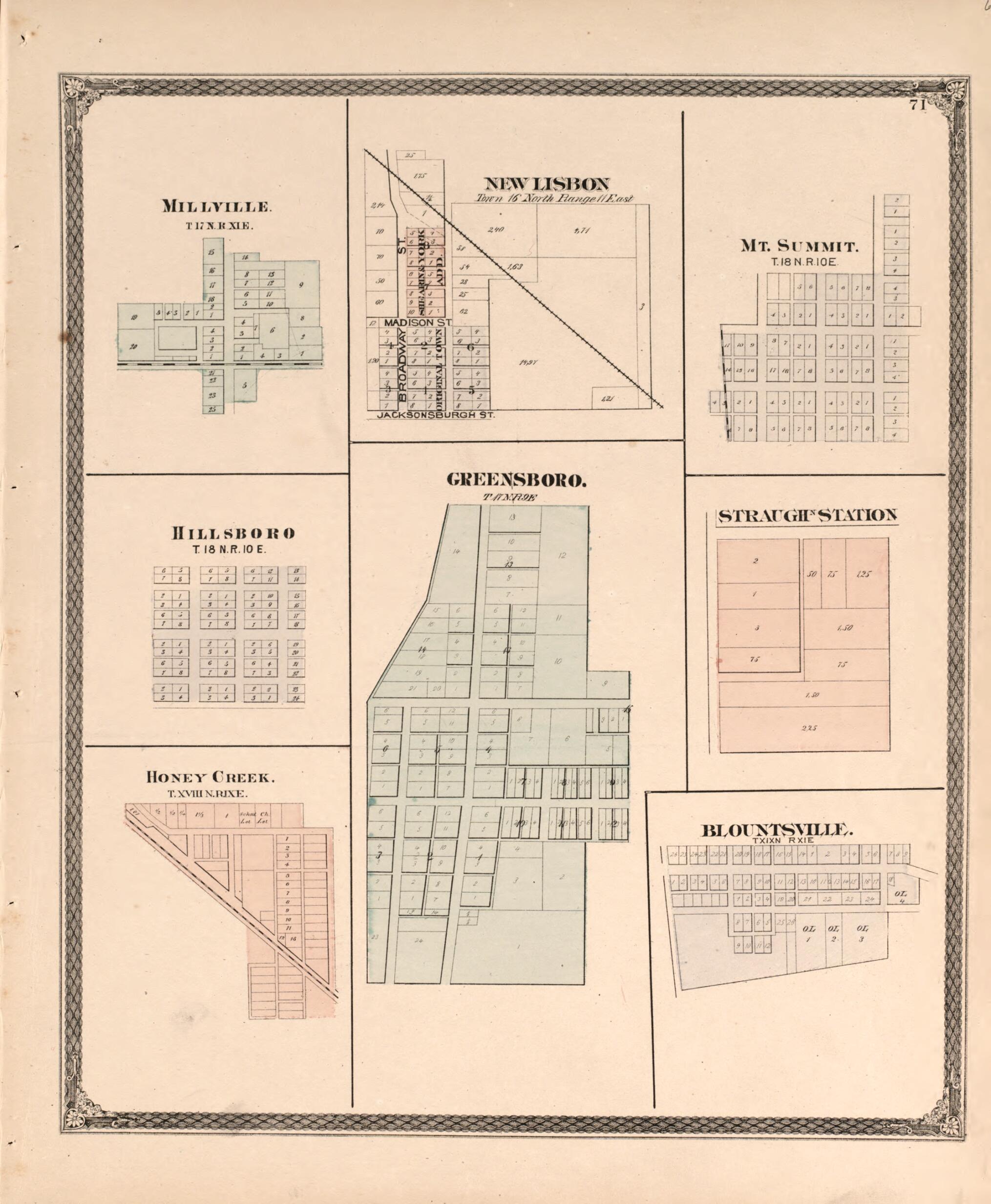 This old map of Various Townships from Illustrated Historical Atlas of Henry County, Indiana from 1875 was created by Belden & Company Higgins in 1875