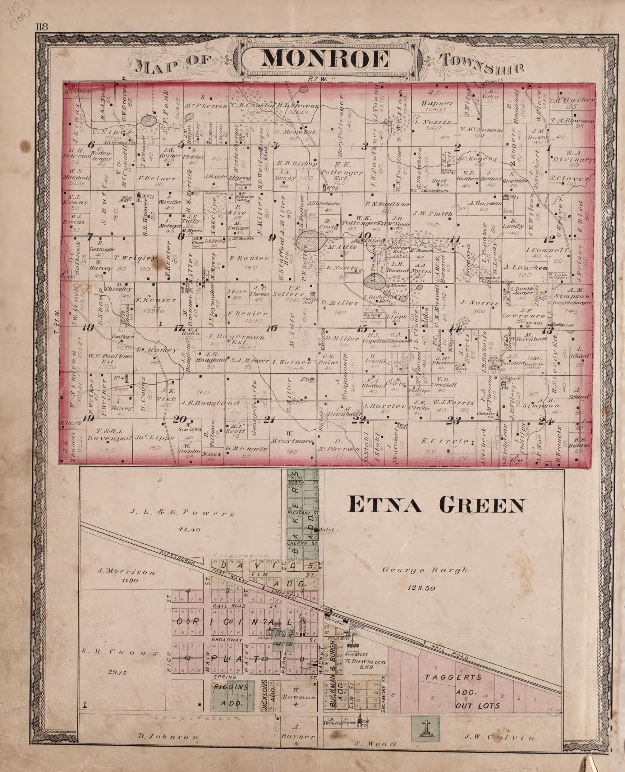 This old map of Monroe Township and Etna Green Region from New Historical Atlas of Kosciusko Co., Indiana : from 1879 was created by Kingman Brothers in 1879
