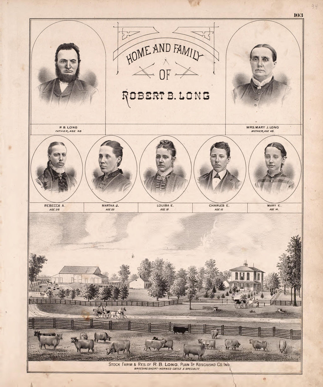 This old map of Home and Family of Robert B. Long from New Historical Atlas of Kosciusko Co., Indiana : from 1879 was created by Kingman Brothers in 1879