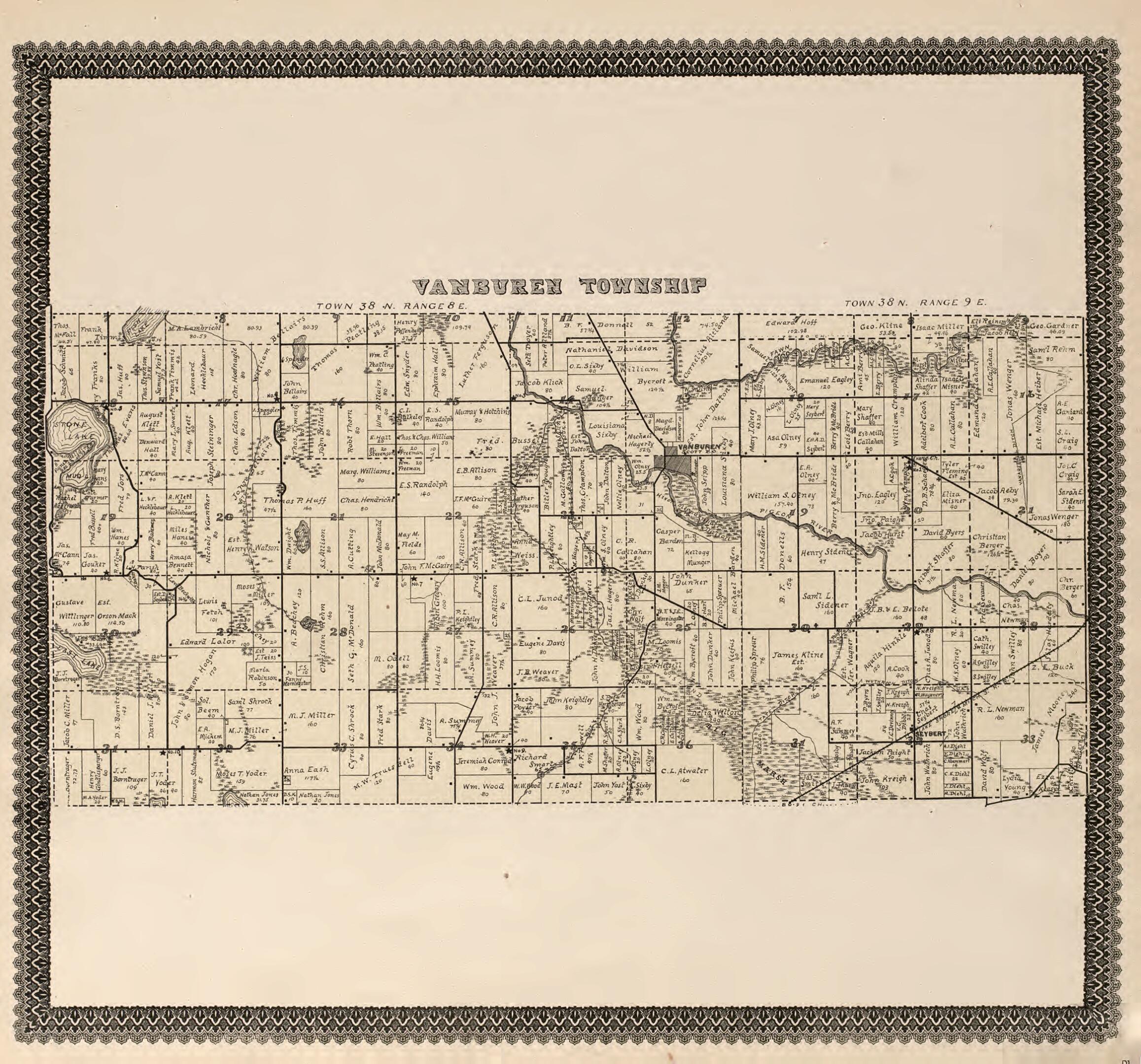 This old map of VanBuren Township from Illustrated Atlas and Columbian Souvenir of La Grange County, Indiana from 1893 was created by Lagrange Publishing Company in 1893