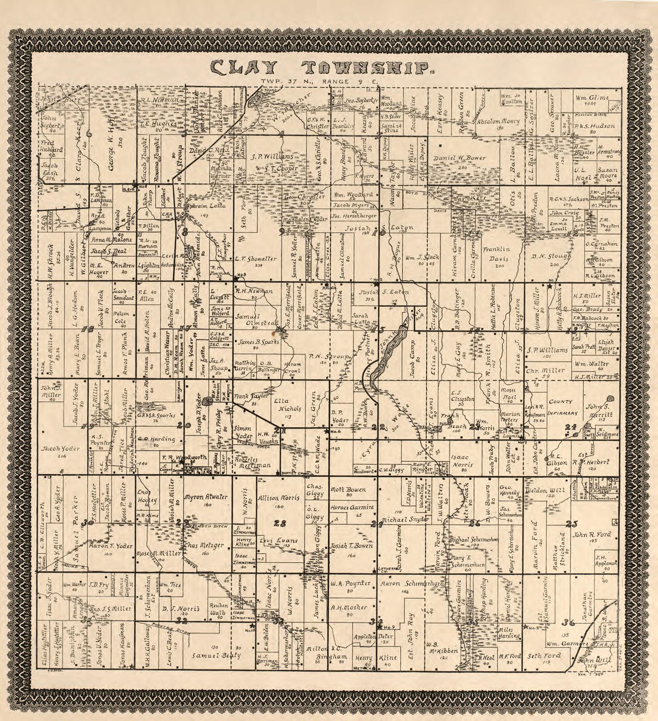This old map of Clay Township from Illustrated Atlas and Columbian Souvenir of La Grange County, Indiana from 1893 was created by Lagrange Publishing Company in 1893