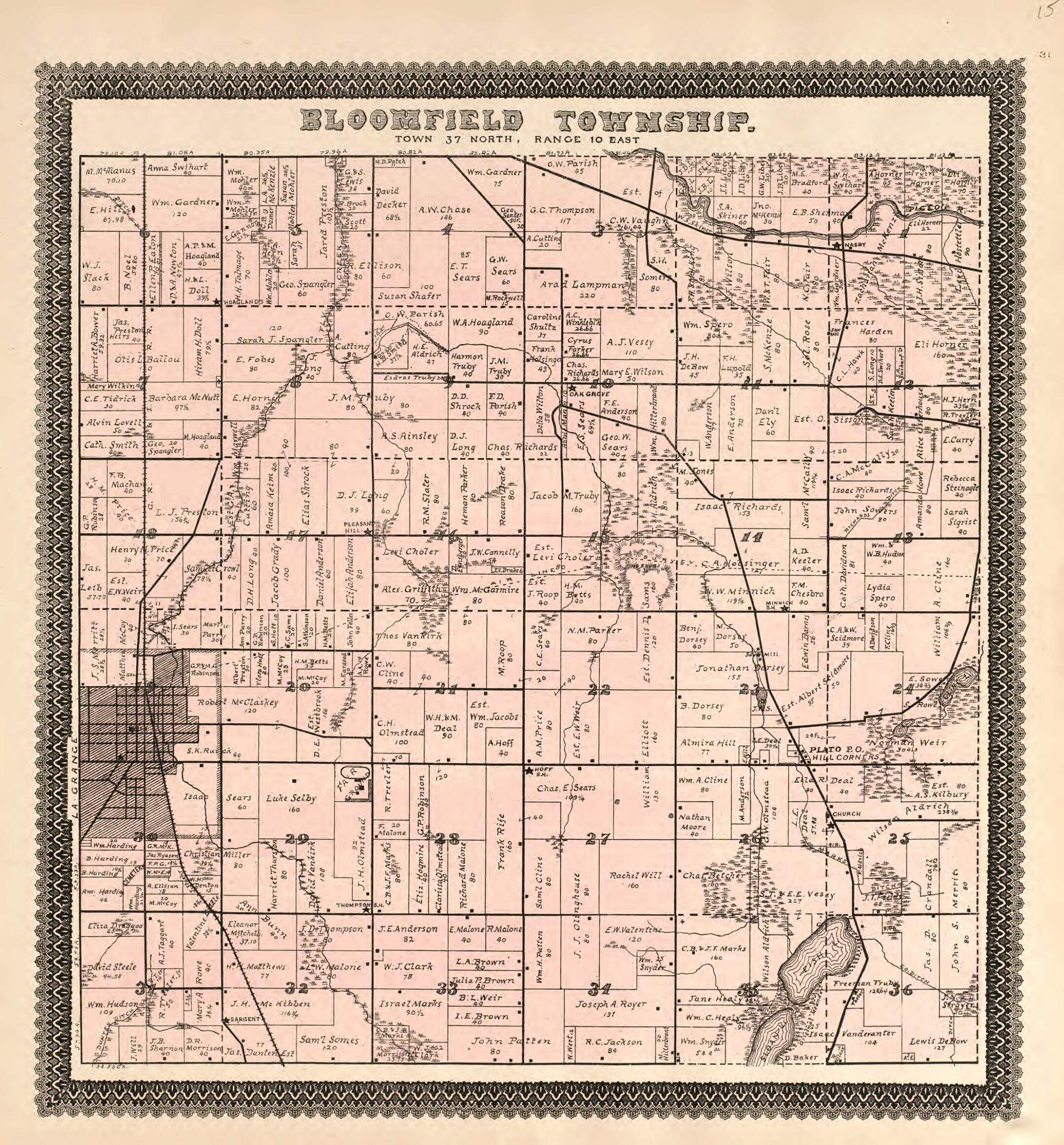 This old map of Bloomfield Township from Illustrated Atlas and Columbian Souvenir of La Grange County, Indiana from 1893 was created by Lagrange Publishing Company in 1893