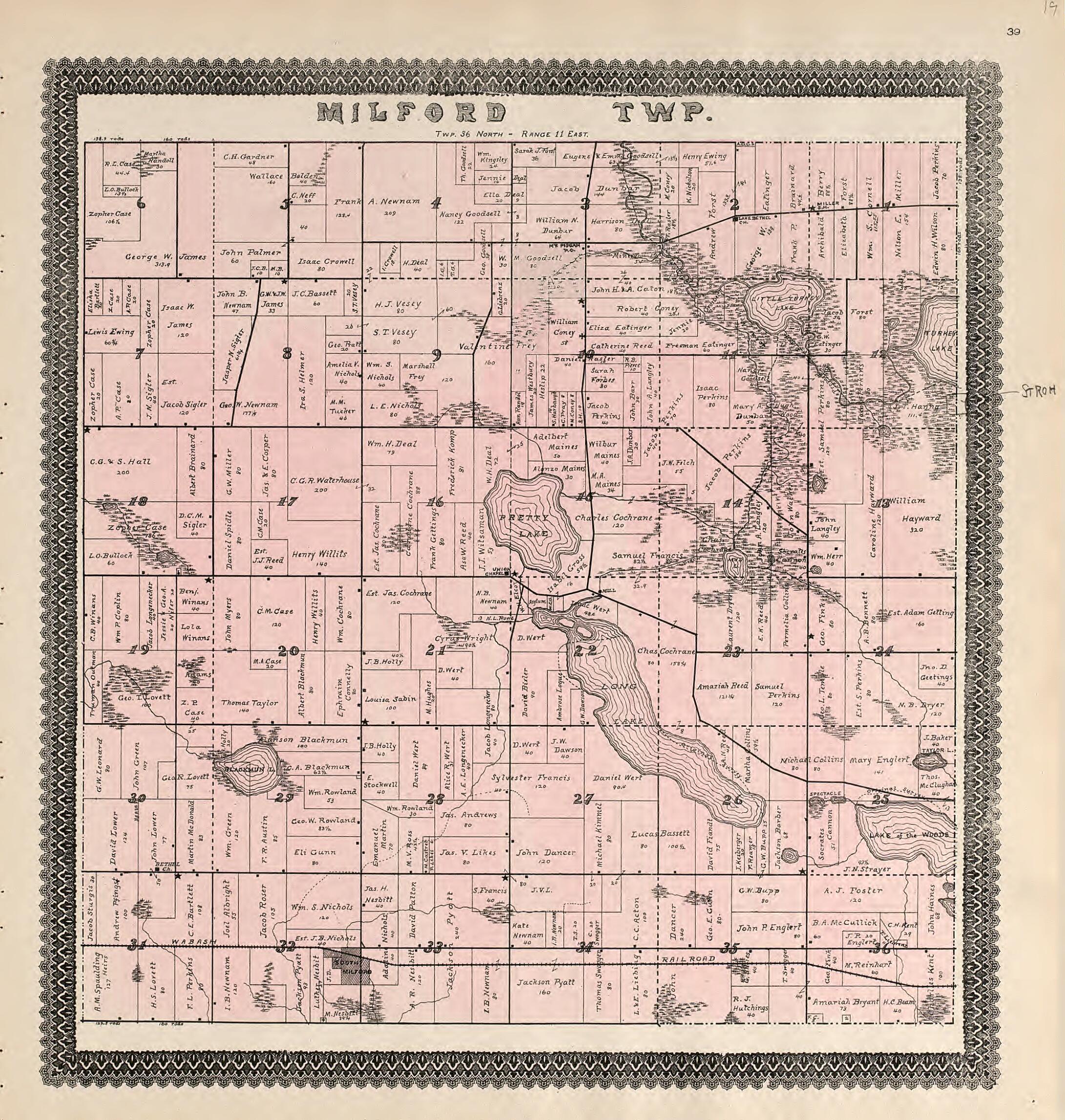 This old map of Milford Township from Illustrated Atlas and Columbian Souvenir of La Grange County, Indiana from 1893 was created by Lagrange Publishing Company in 1893