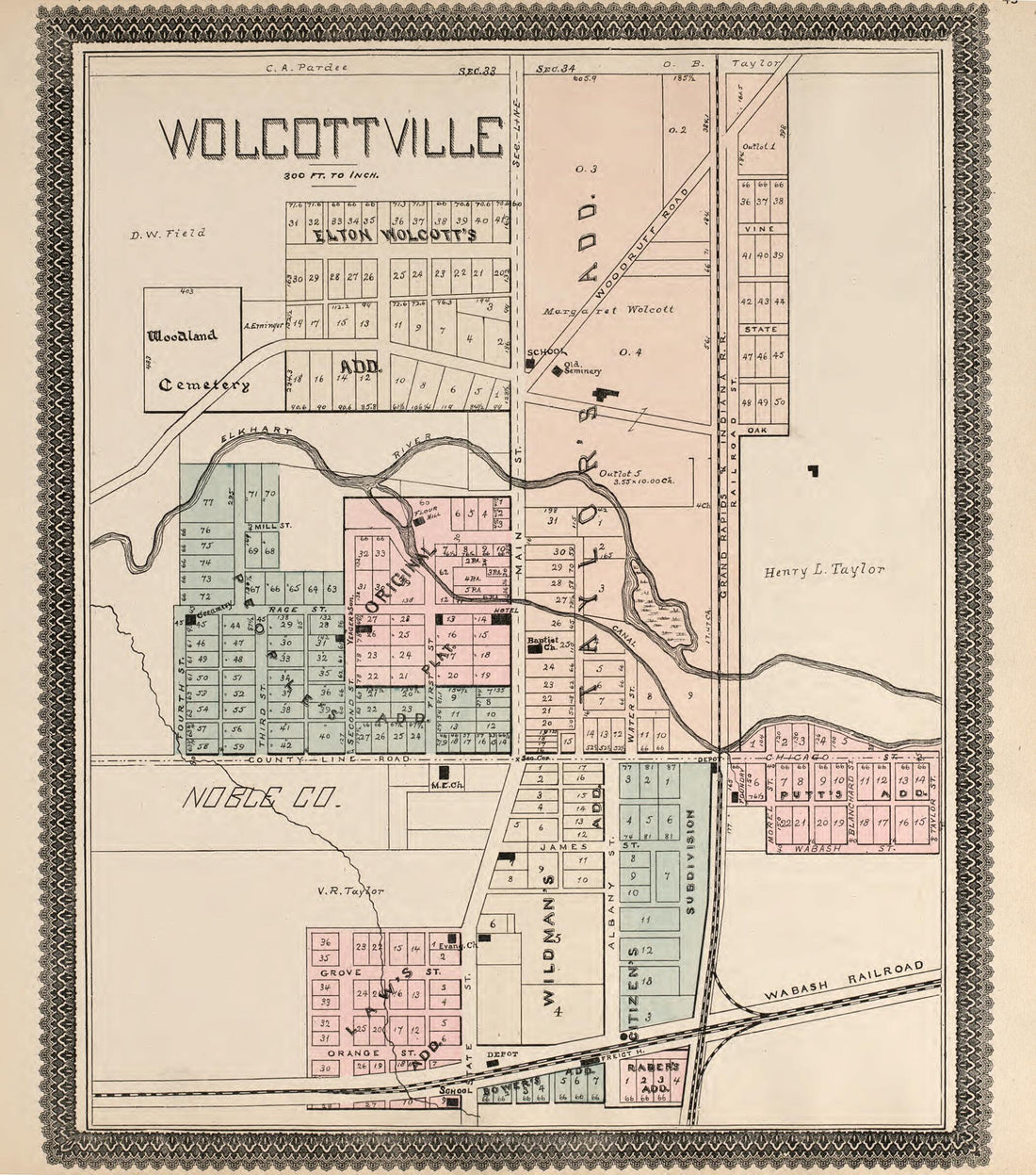 This old map of Wolcottville from Illustrated Atlas and Columbian Souvenir of La Grange County, Indiana from 1893 was created by Lagrange Publishing Company in 1893