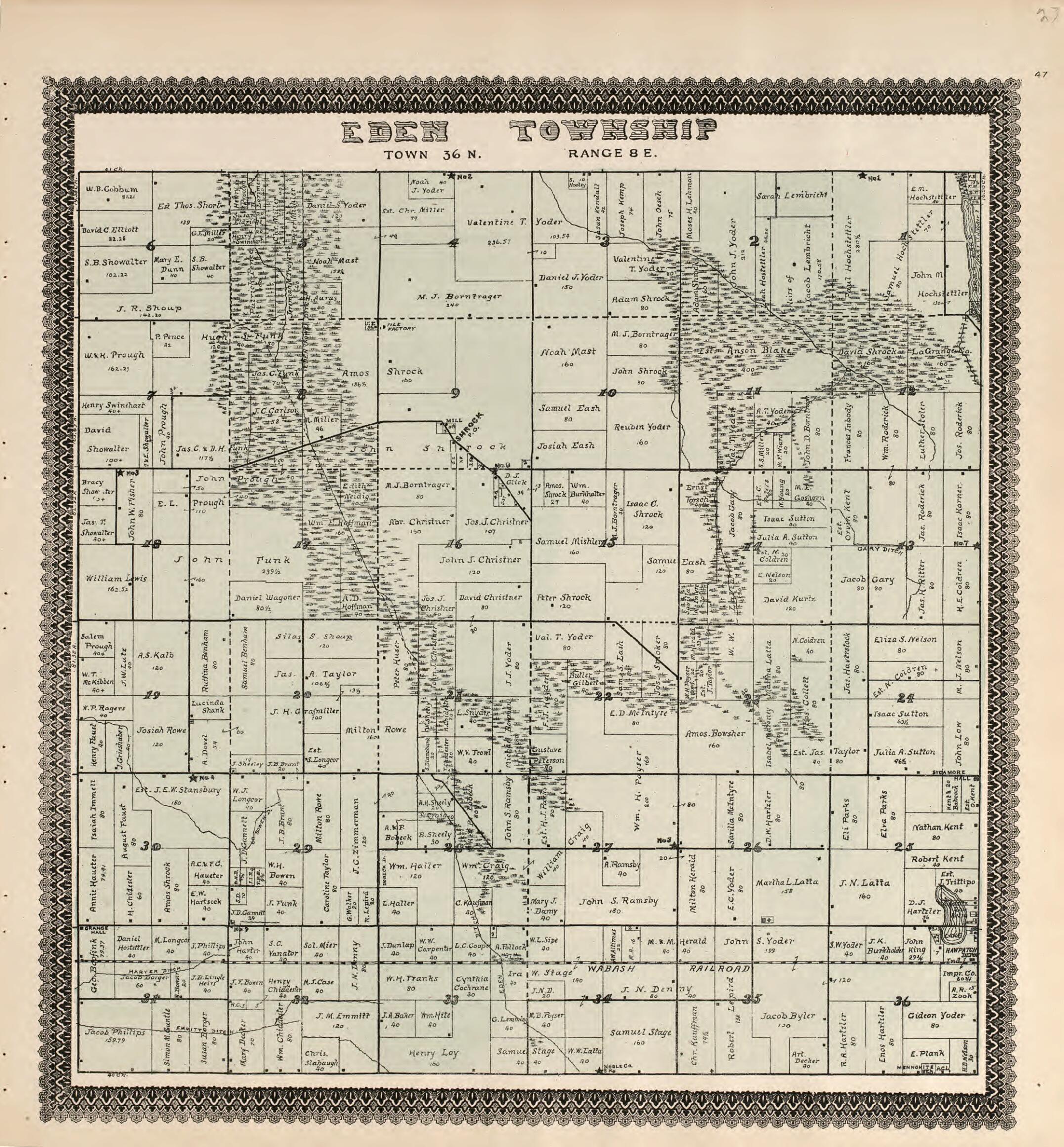 This old map of Eden Township from Illustrated Atlas and Columbian Souvenir of La Grange County, Indiana from 1893 was created by Lagrange Publishing Company in 1893