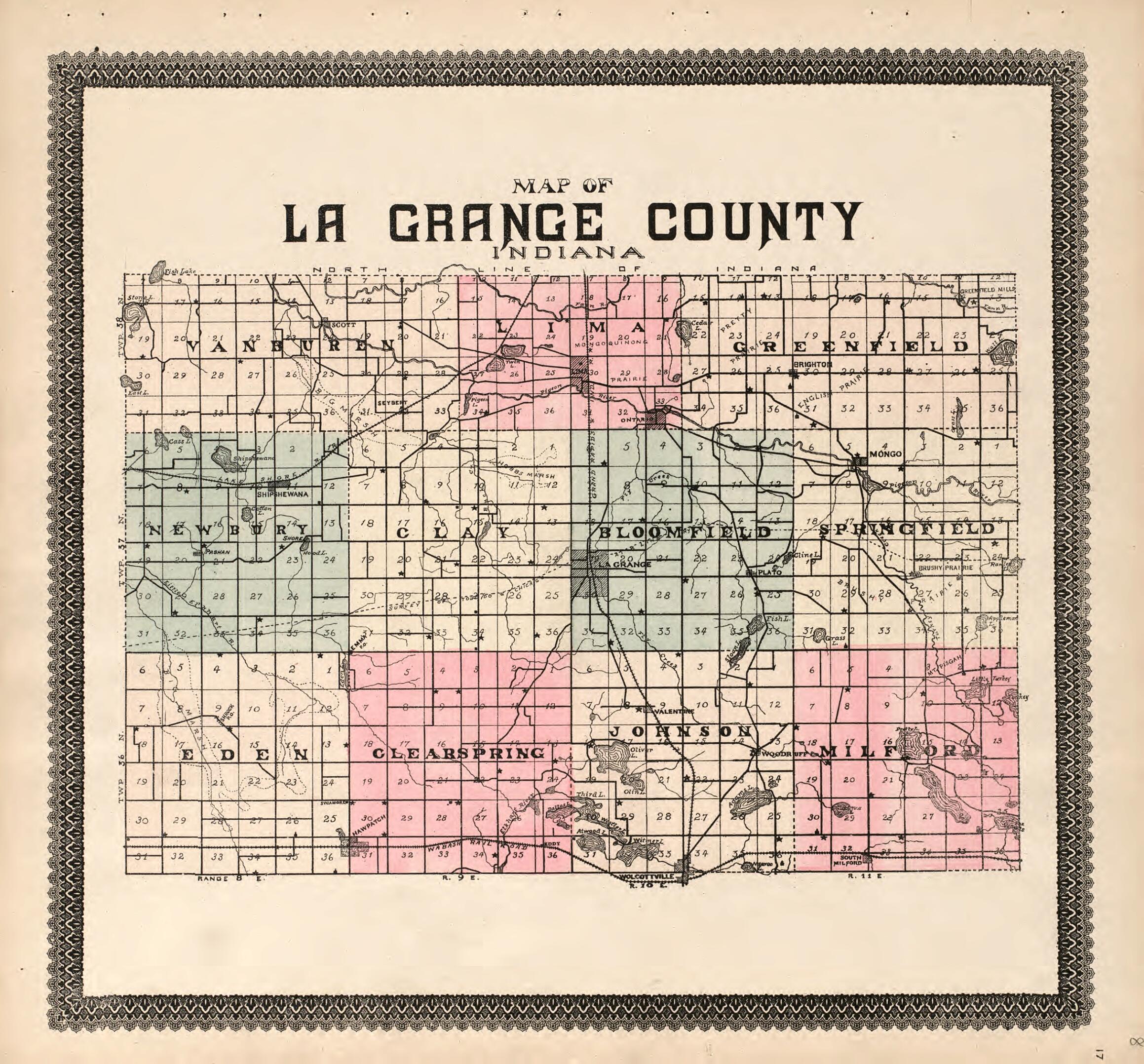 This old map of LaGrange County from Illustrated Atlas and Columbian Souvenir of La Grange County, Indiana from 1893 was created by Lagrange Publishing Company in 1893