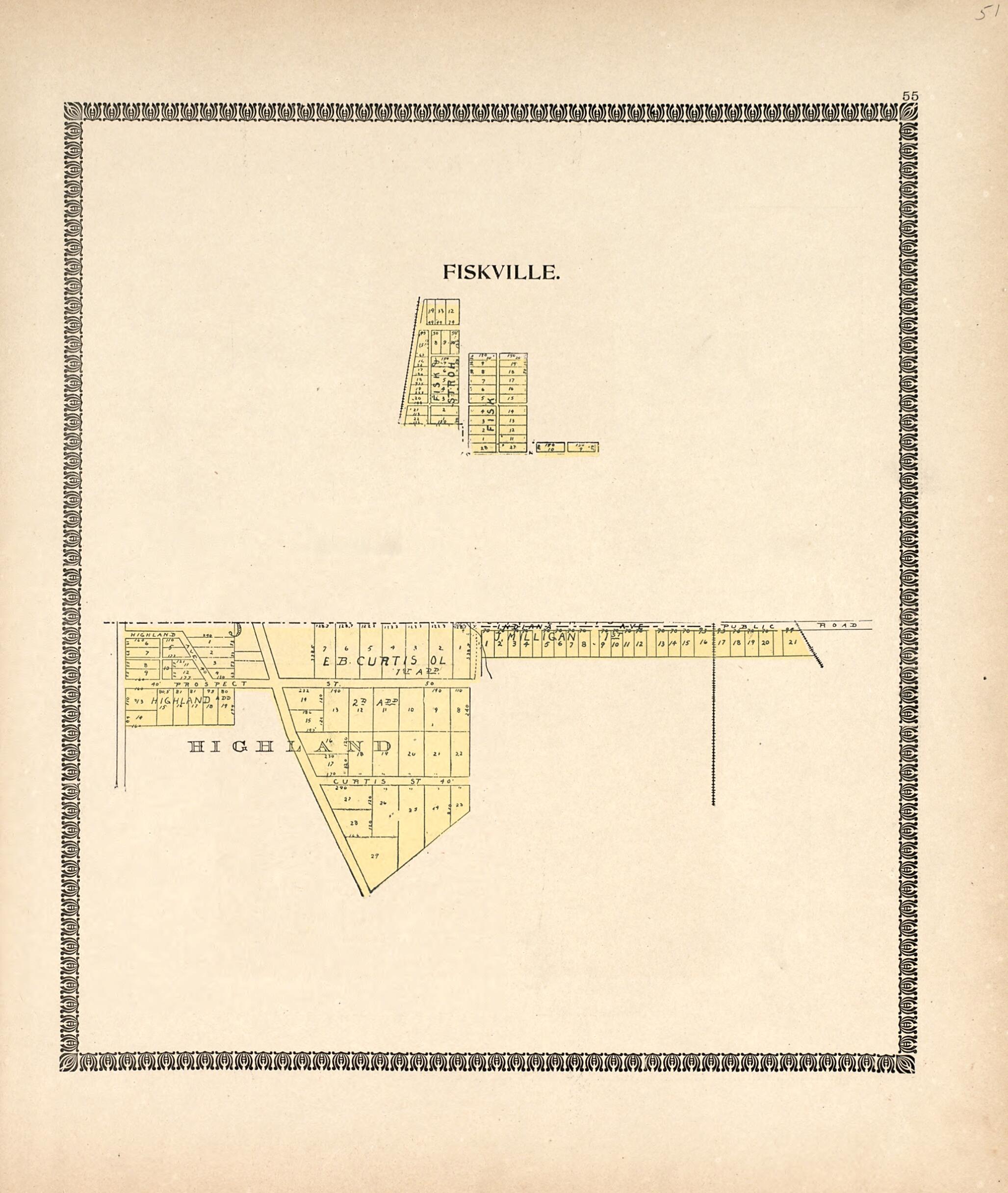 This old map of Fiskville; Highland from Illustrated Atlas of Montgomery County, Indiana from 1898 was created by F. Hoffman in 1898