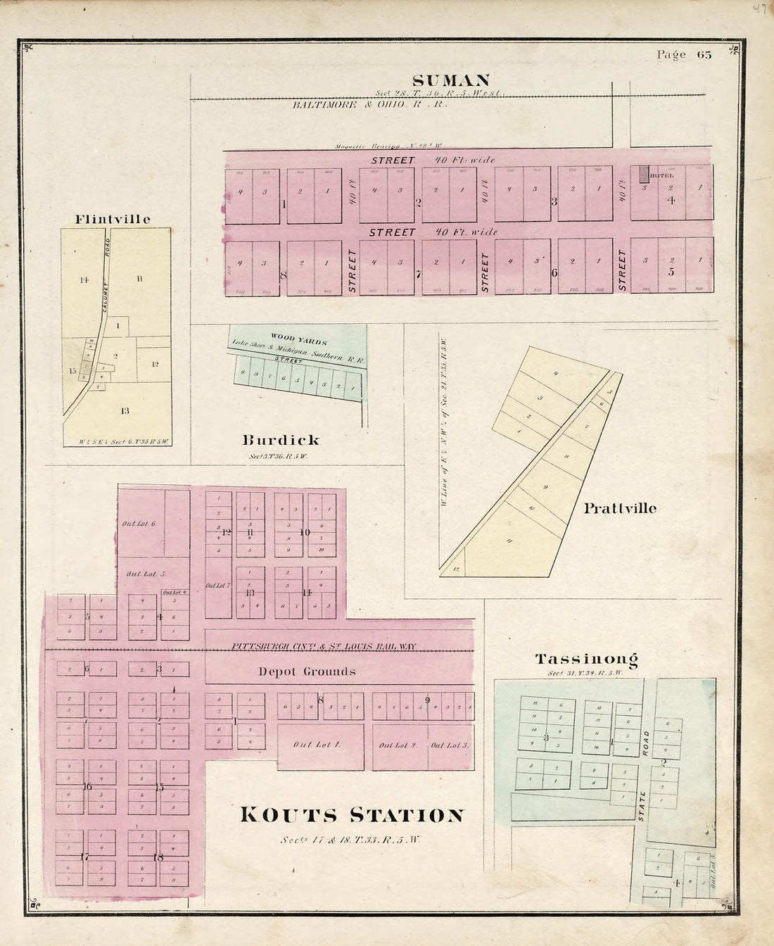 This old map of Suman; Flintville; Burdick; Prattville; Kouts Station; Tassinong from Hardesty&