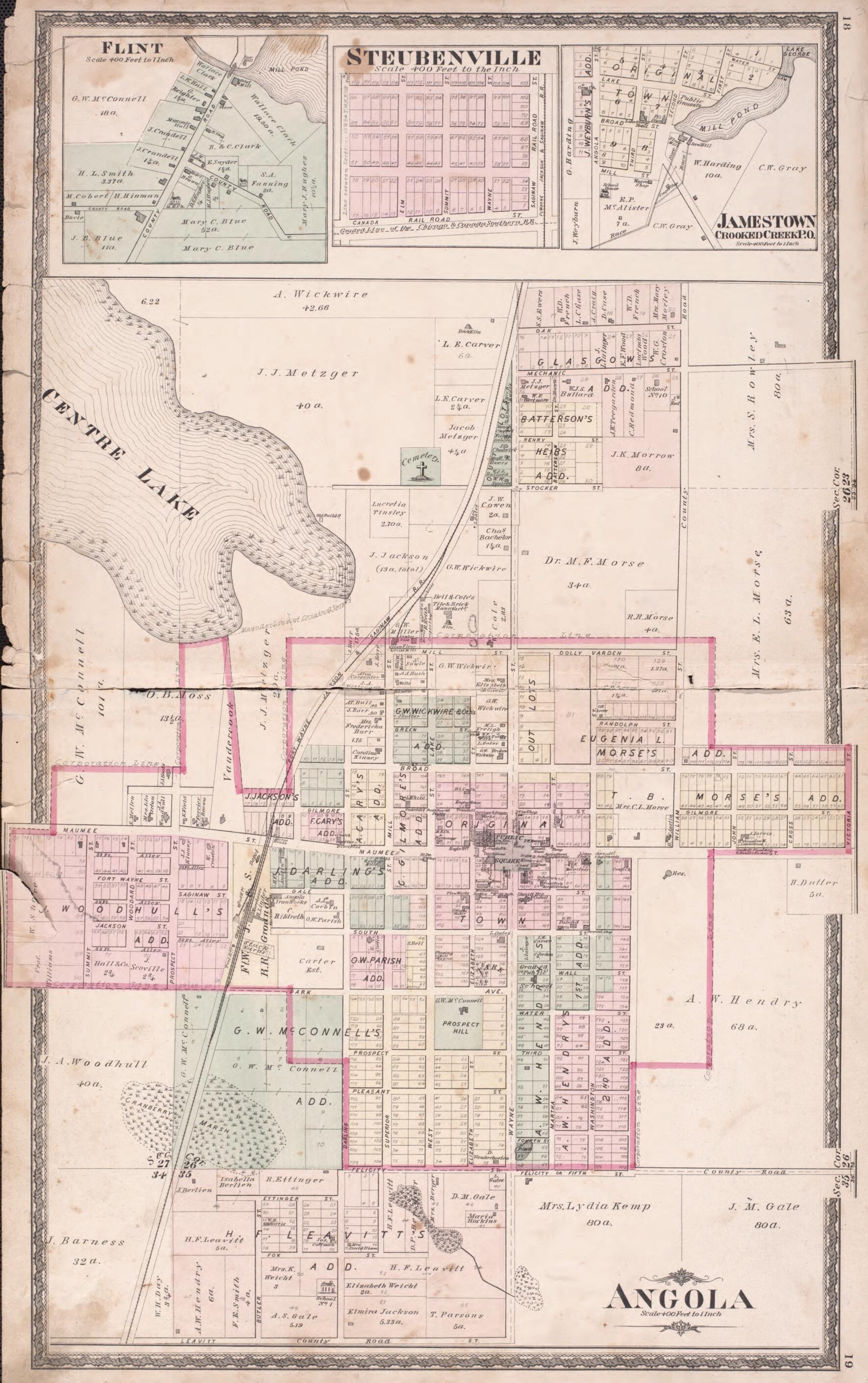 This old map of Flint, Steubenville, Jamestown, & Angola from Illustrated Historical Atlas of Steuben County, Indiana from 1880 was created by J.H. Beers & Co in 1880