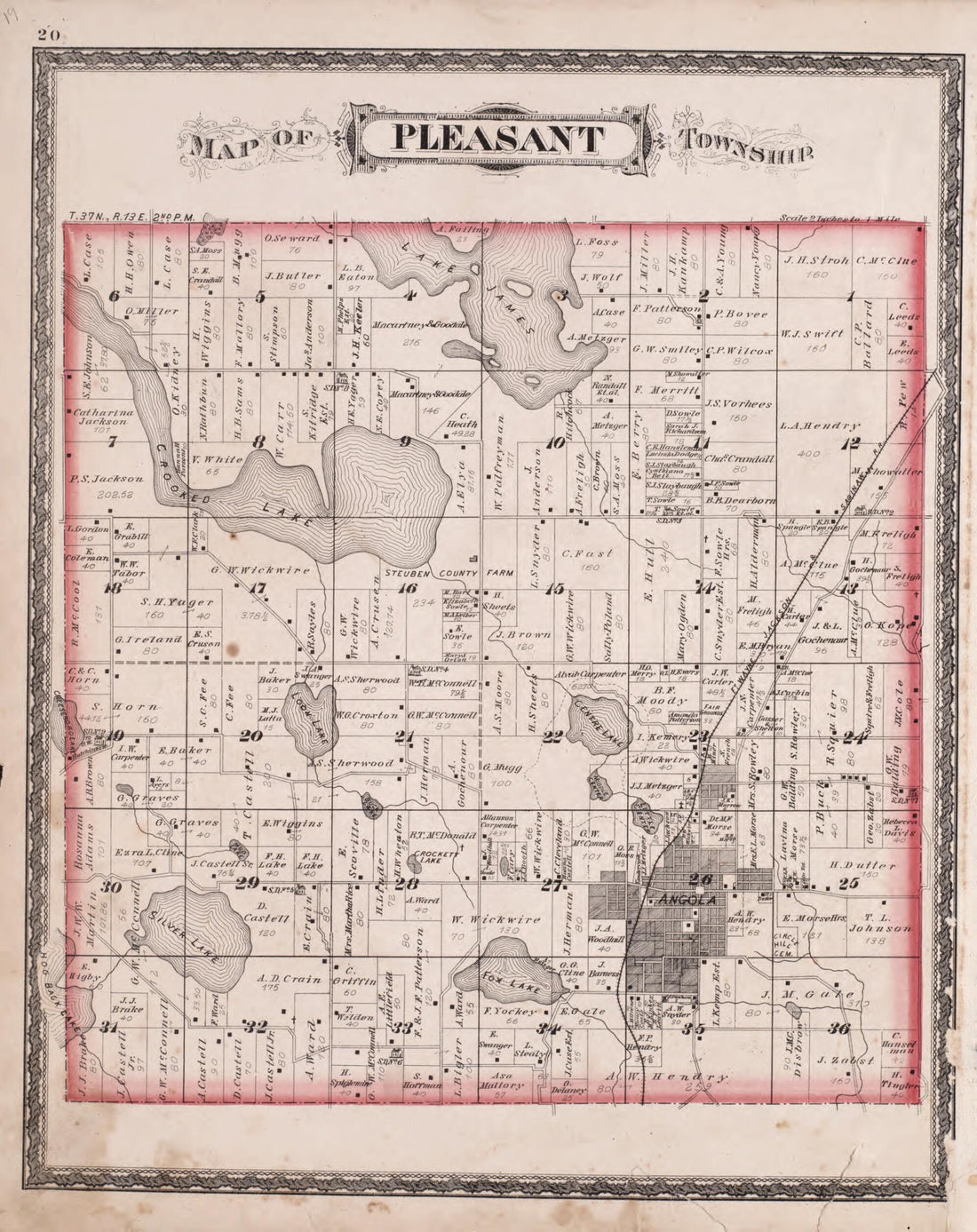 This old map of Pleasant Township from Illustrated Historical Atlas of Steuben County, Indiana from 1880 was created by J.H. Beers & Co in 1880