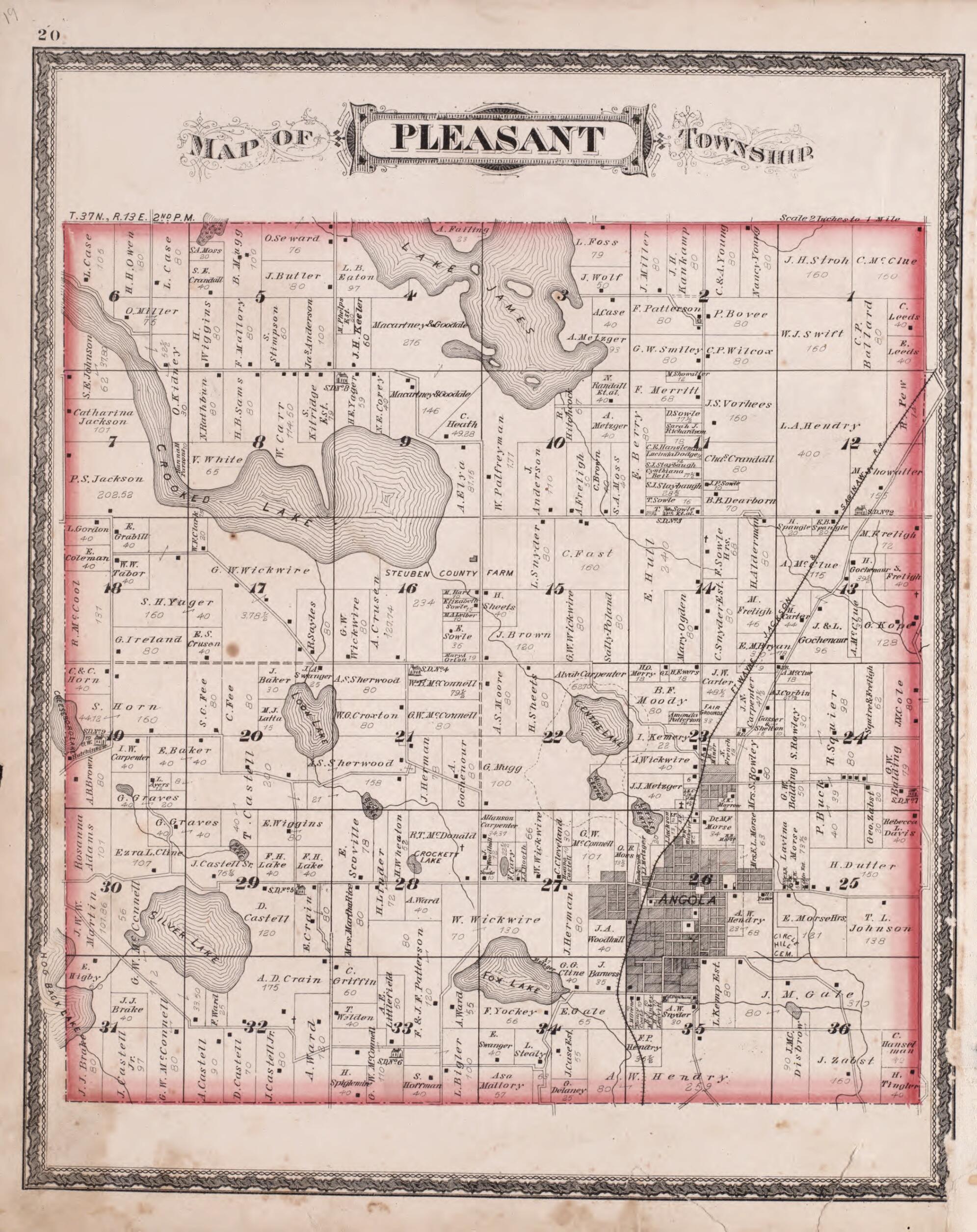 This old map of Pleasant Township from Illustrated Historical Atlas of Steuben County, Indiana from 1880 was created by J.H. Beers & Co in 1880