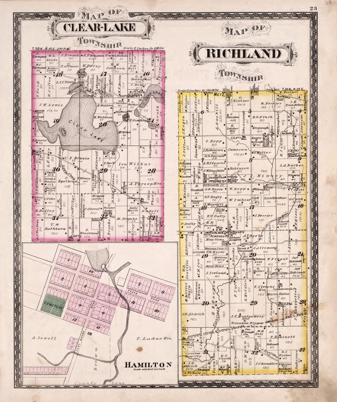 This old map of Clear-Lake and Richland Twps & Hamilton Region from Illustrated Historical Atlas of Steuben County, Indiana from 1880 was created by J.H. Beers & Co in 1880