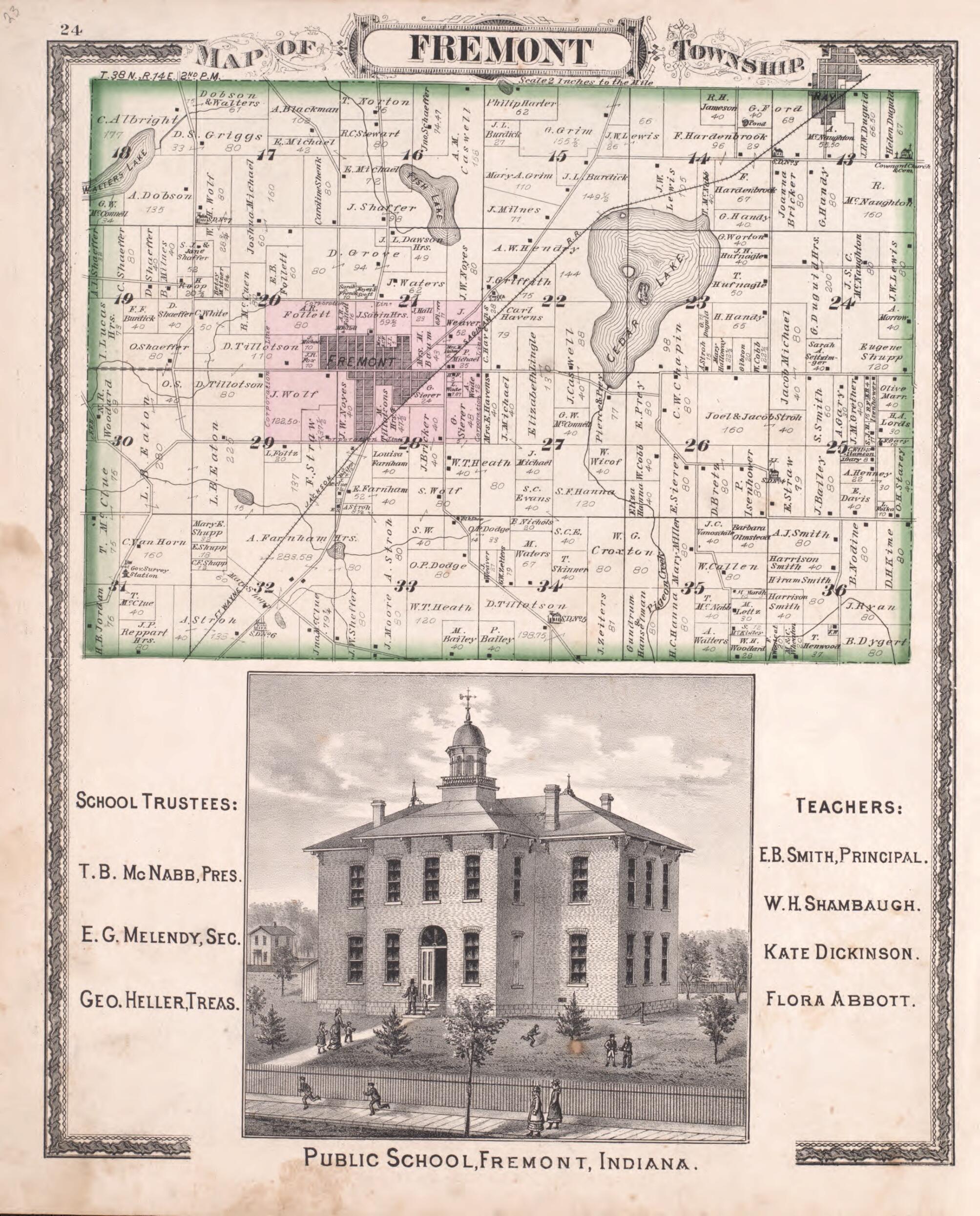 This old map of Fremont Township from Illustrated Historical Atlas of Steuben County, Indiana from 1880 was created by J.H. Beers & Co in 1880