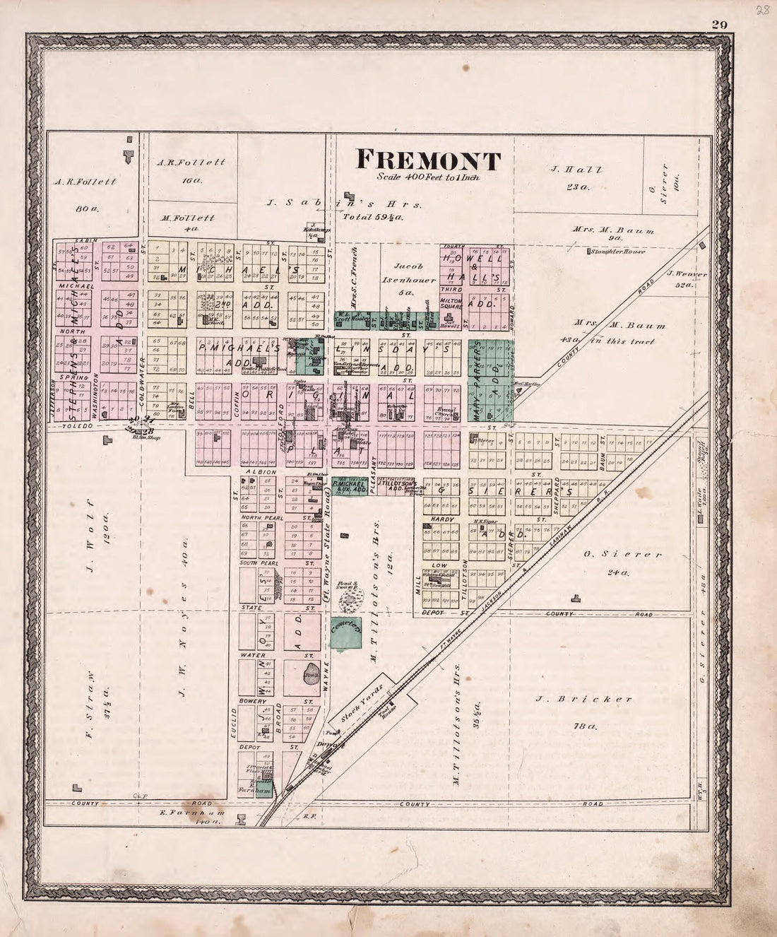 This old map of Fremont from Illustrated Historical Atlas of Steuben County, Indiana from 1880 was created by J.H. Beers & Co in 1880