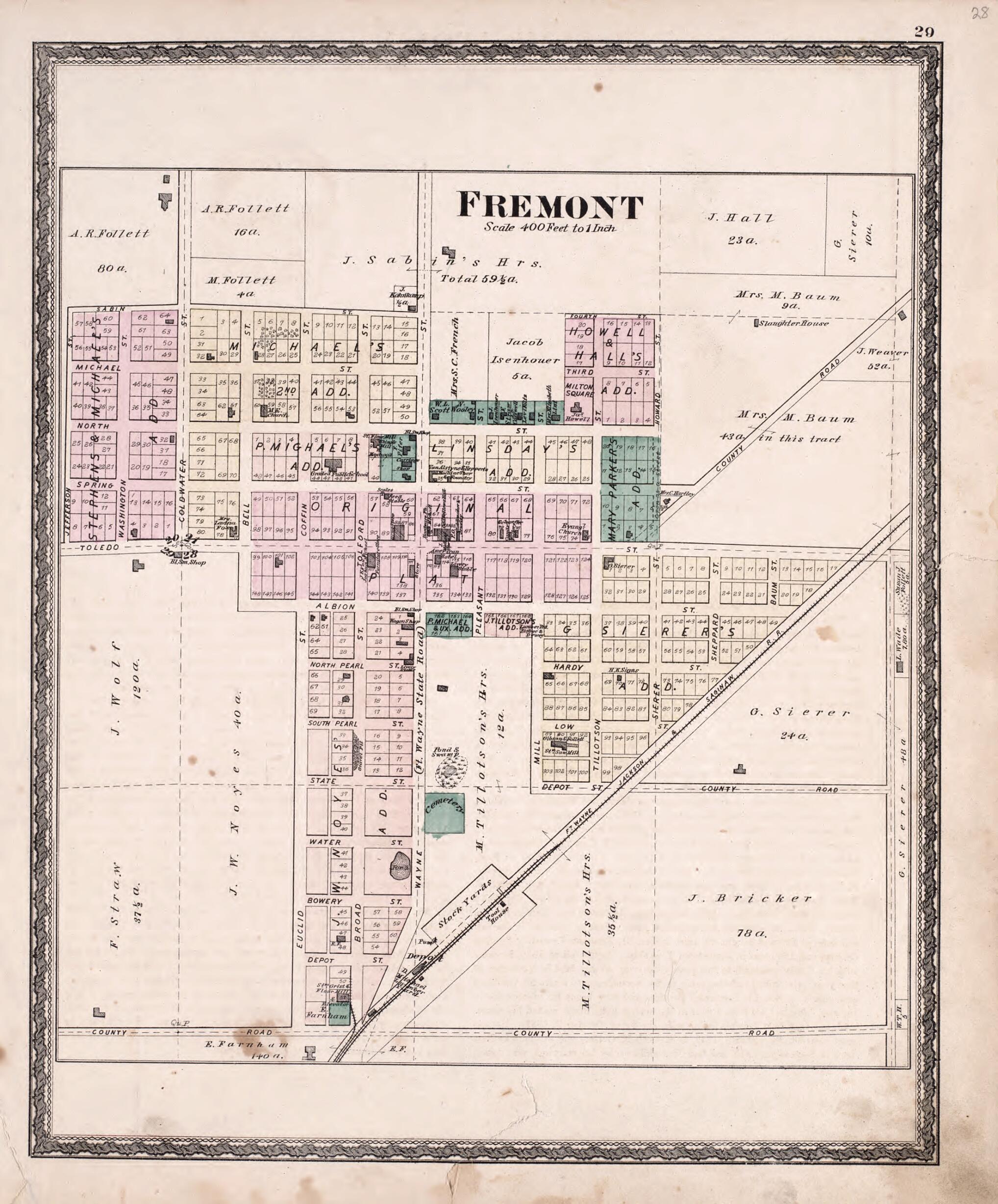 This old map of Fremont from Illustrated Historical Atlas of Steuben County, Indiana from 1880 was created by J.H. Beers & Co in 1880