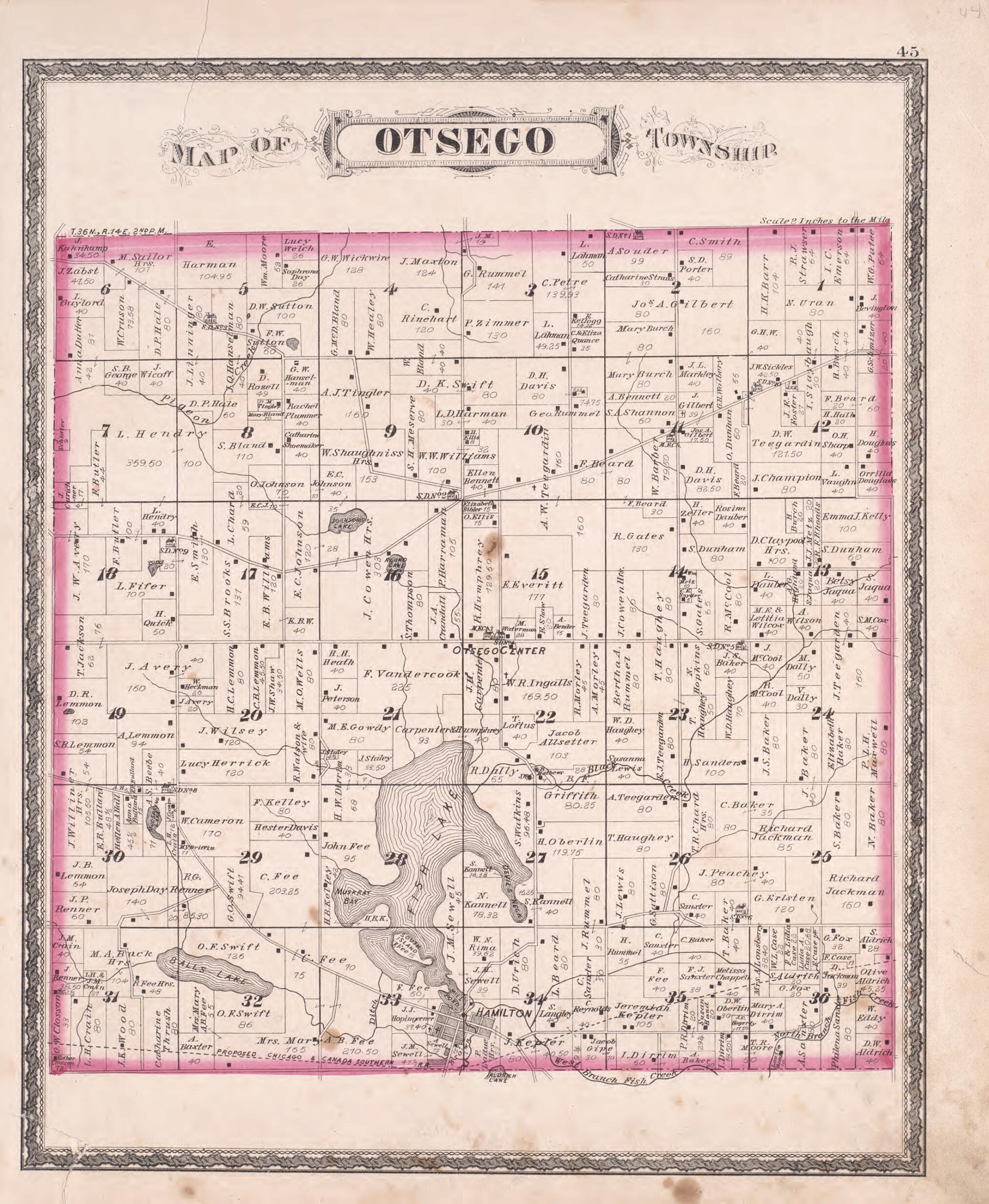 This old map of Otsego Township from Illustrated Historical Atlas of Steuben County, Indiana from 1880 was created by J.H. Beers & Co in 1880