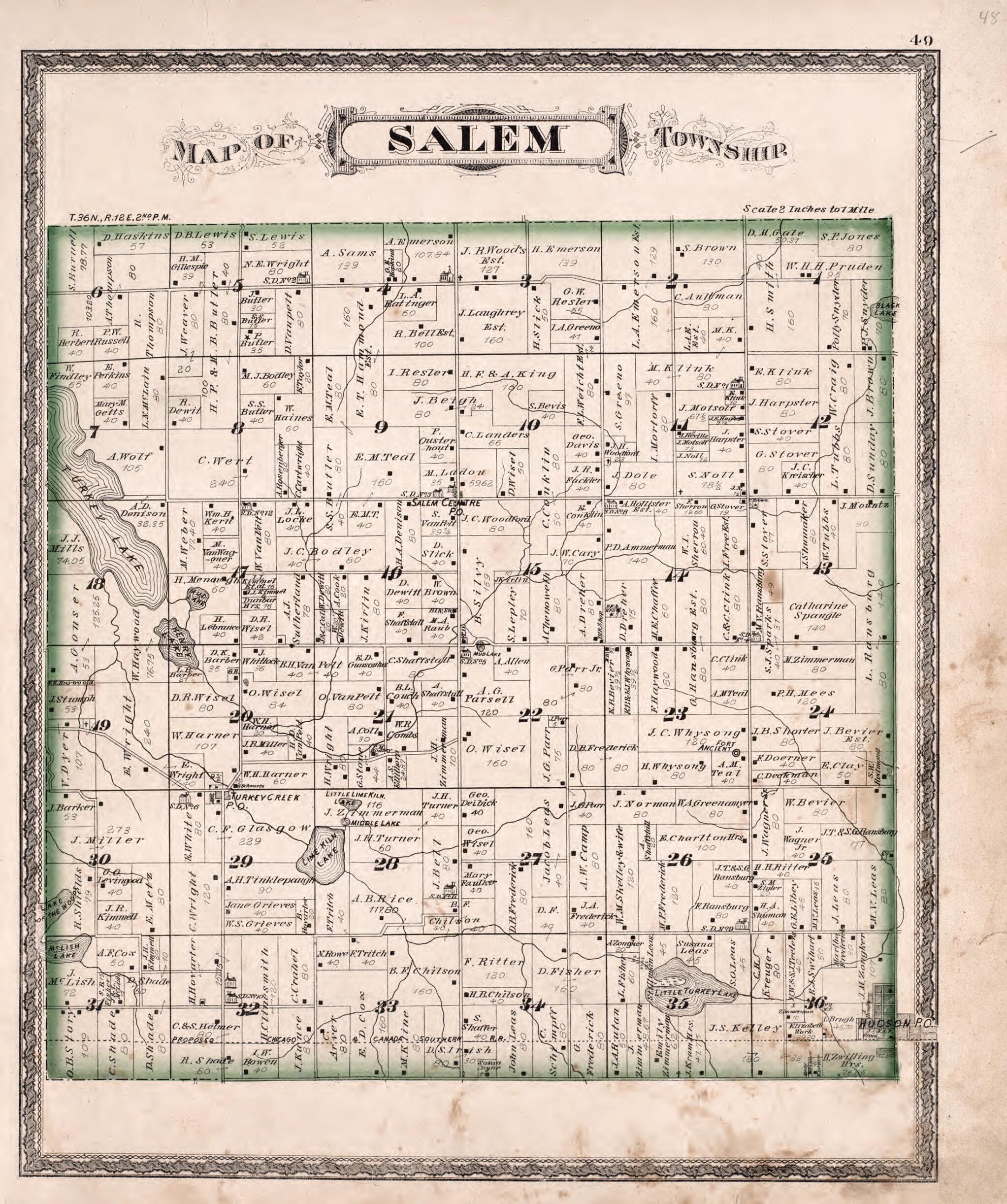 This old map of Salem Township from Illustrated Historical Atlas of Steuben County, Indiana from 1880 was created by J.H. Beers & Co in 1880